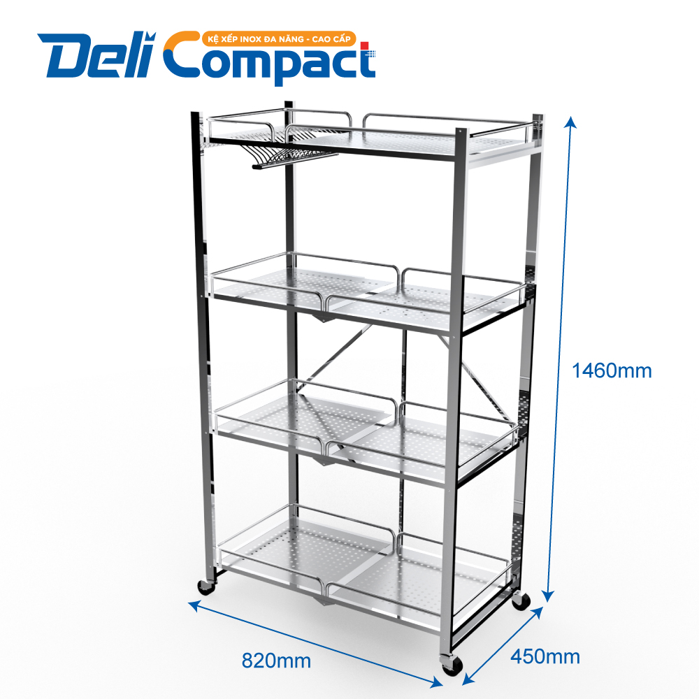 Kệ xếp inox đa năng cao cấp DELI Compact 4 tầng Qui Phúc - Kệ thông minh, chắc chắn, xếp gọn nhanh chóng
