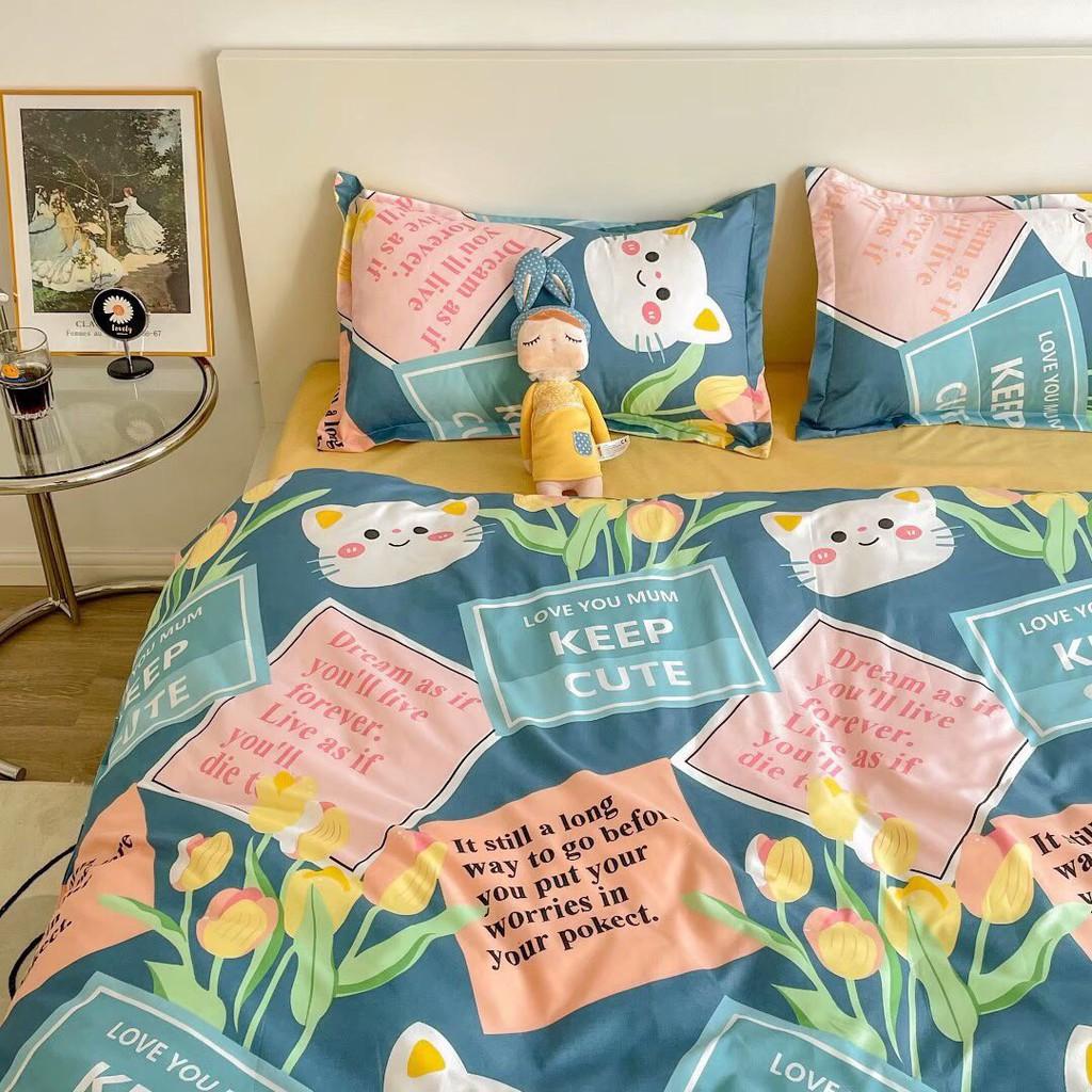 Bộ chăn ga gối Cotton Poly M2T bedding Mèo hoa, vỏ chăn mền, drap giường và 2 vỏ gối