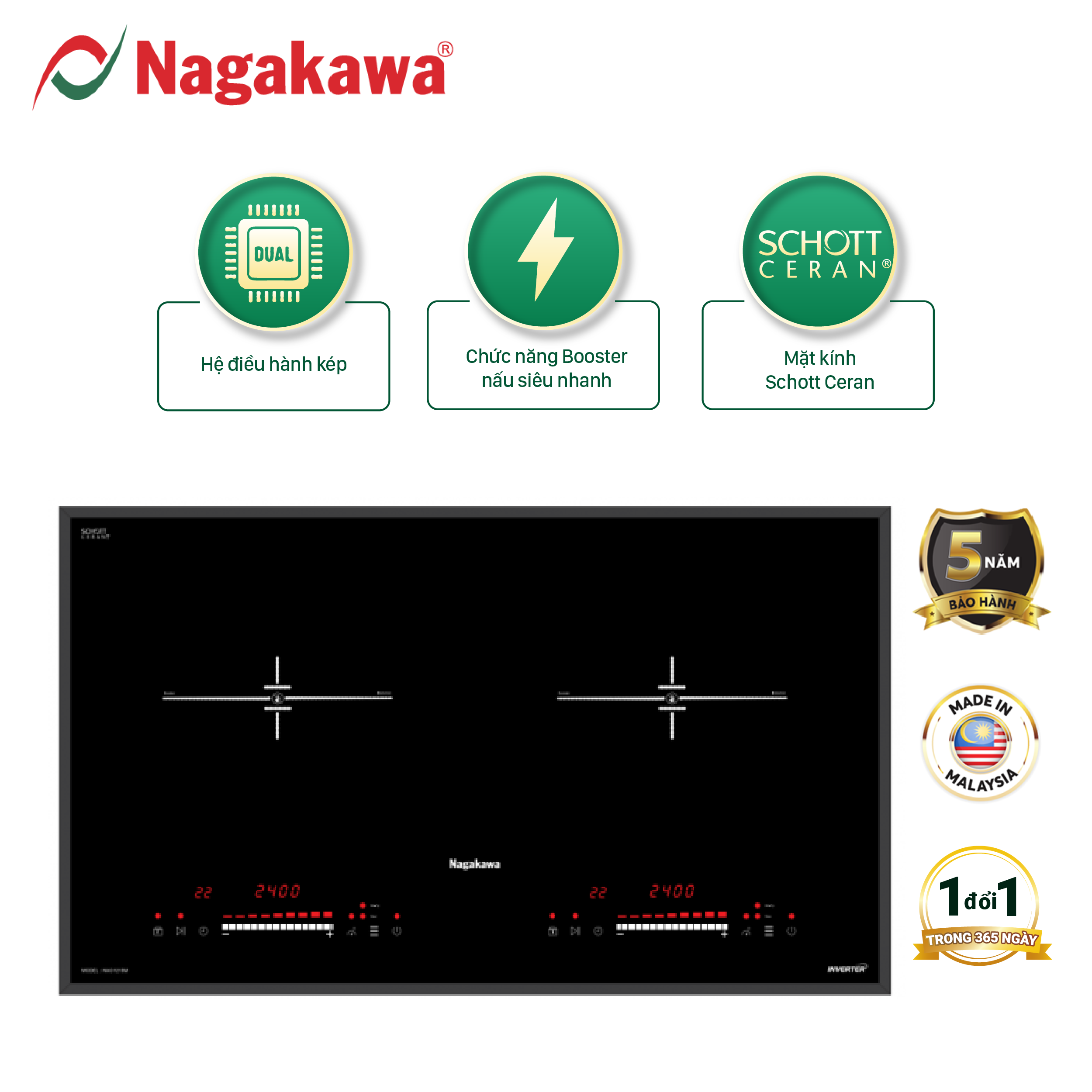 Miễn phí giao lắp toàn quốc - Bếp Đôi Điện Từ Inverter Nagakawa NAG1215M  (4800W) - Made in Malaysia - Bảo hành 5 năm - Hàng Chính Hãng