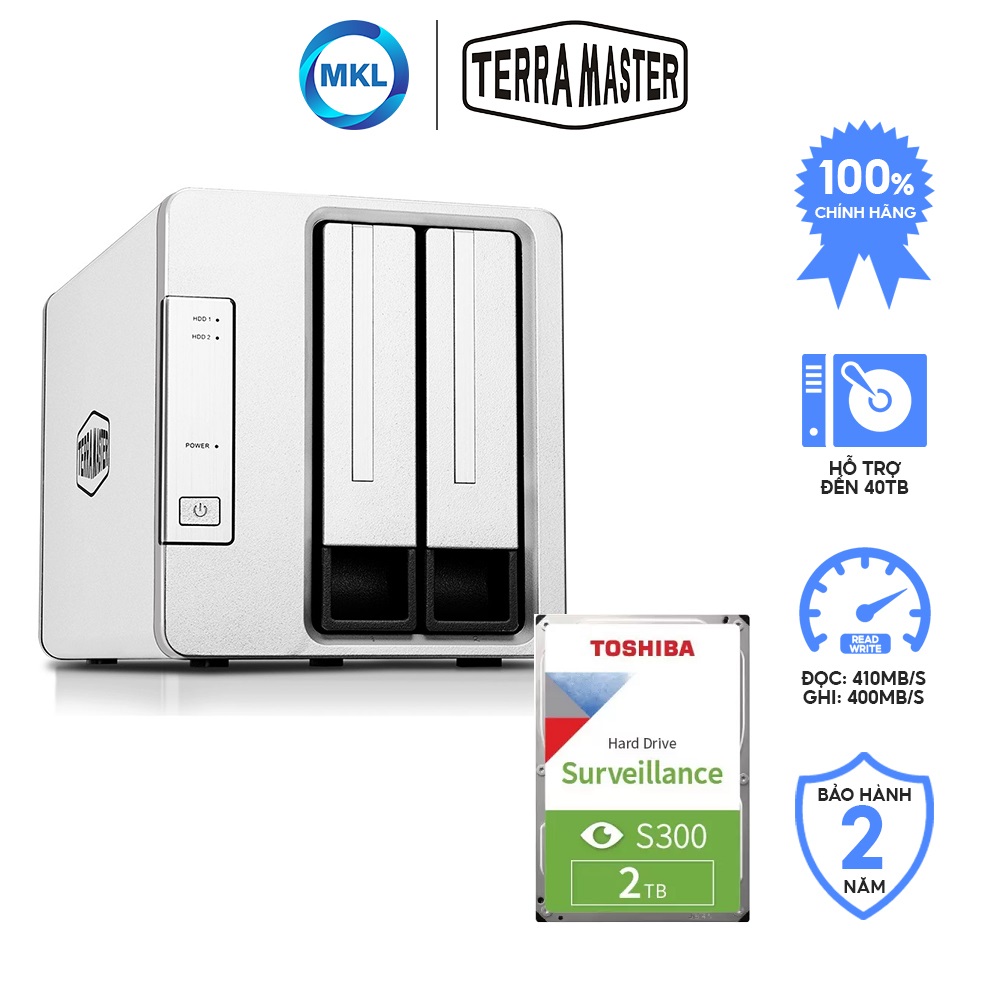 Combo thiết bị lưu trữ DAS Terra Master D2-310 2 khay + ổ cứng HDD NAS Toshiba S300 2TB Lưu Trữ Video, Hình Ảnh - hàng chính hãng