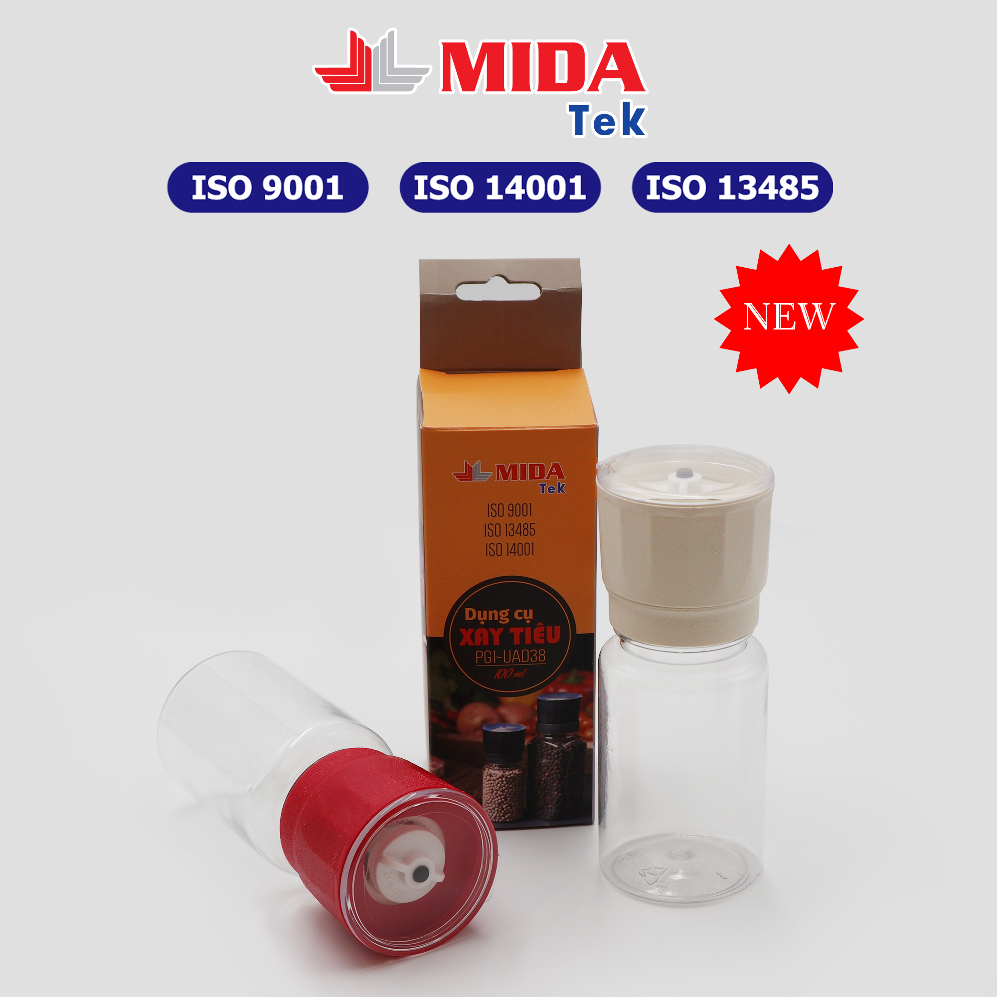 Dụng cụ xay tiêu MIDATEK cối xay ceramic Màu Kem chai nhựa dung tích 100ml miệng hũ 38mm