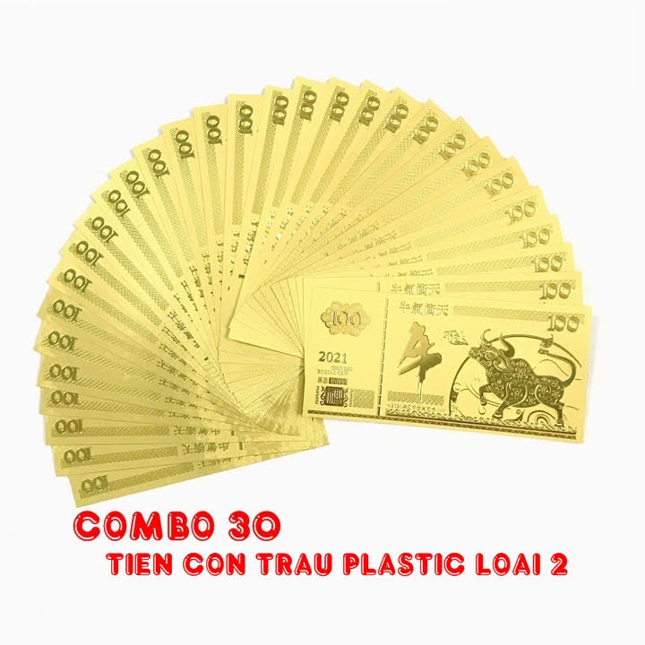 Combo 30 tờ lưu niệm 100 hình con Trâu màu vàng, chất liệu nhựa plastic (loại 2), dùng để trang trí trong nhà, treo cây hoa mai, làm tiền lì xì, quà mừng dịp Lễ, Tết 2021 - TMT Collection - SP005099