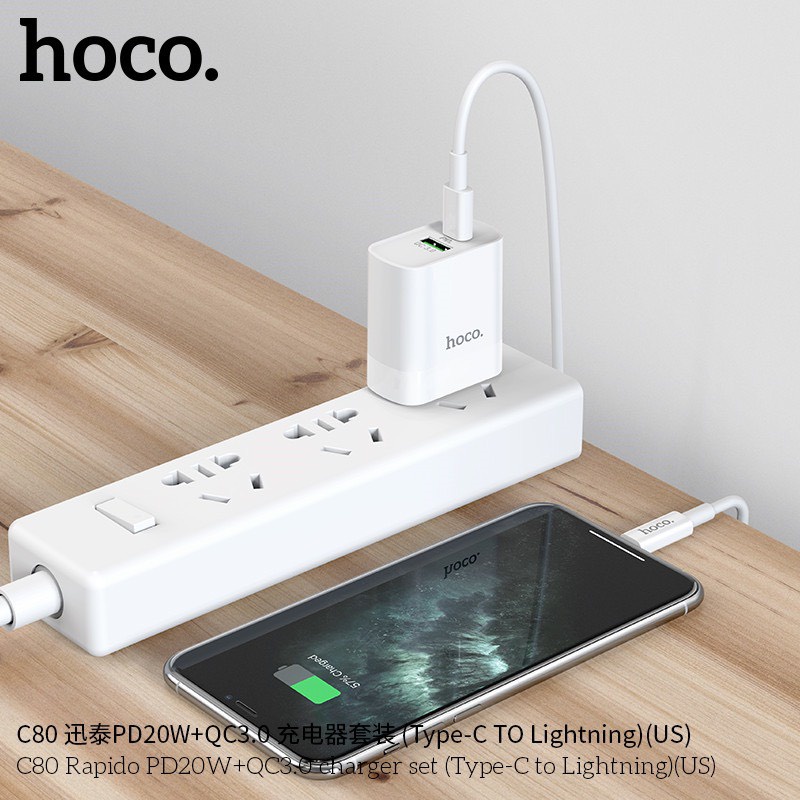 Bộ Sạc Dành Cho HoCo C80 18W Sạc Nhanh (Kèm Cáp Type C To IP),  Củ Sạc Chân Dẹt Tiêu Chuẩn UK, C80 Rapido PD + QC 3.0 Hàng Chính Hãng