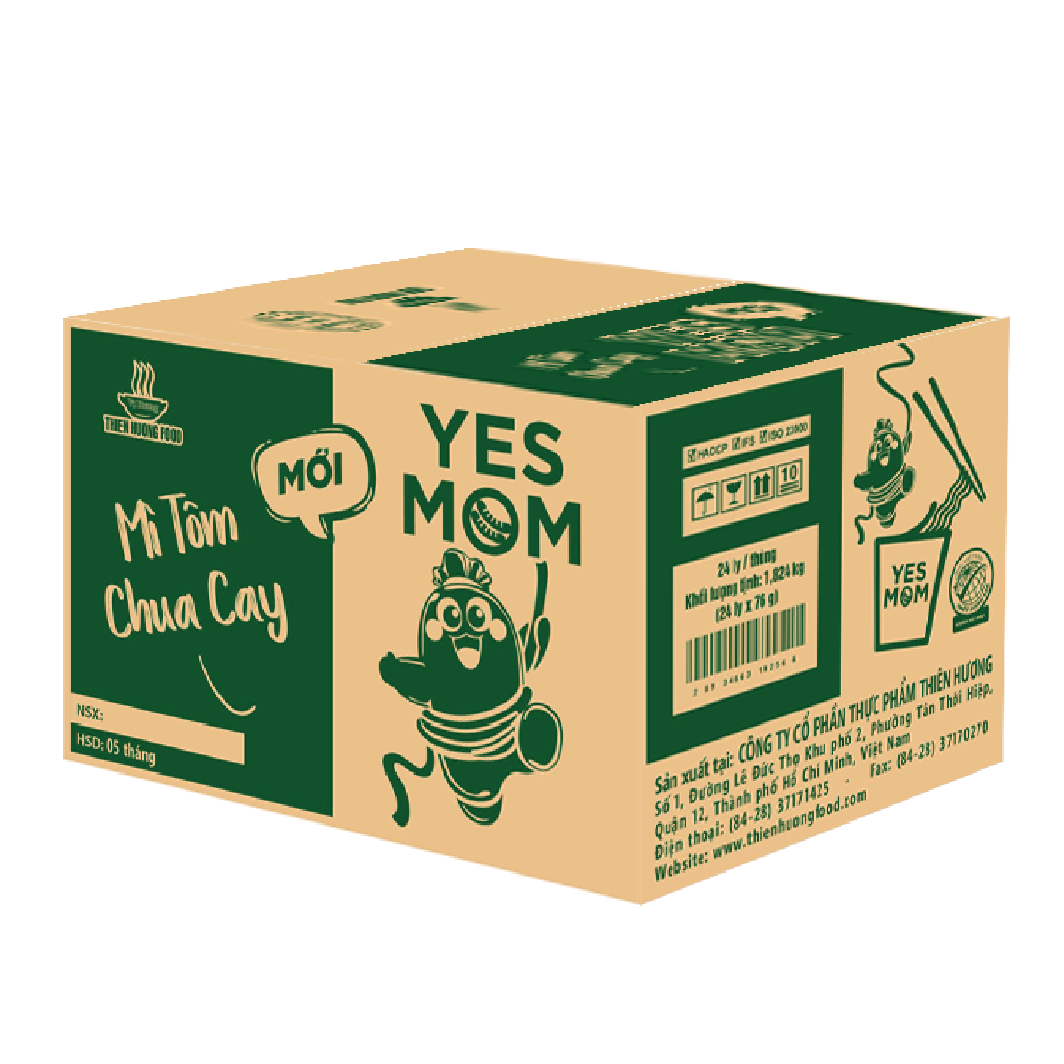 Thùng 24 Ly Mì Tôm Chua Cay Xúc Xích Yes Mom (76G x 24 Ly)