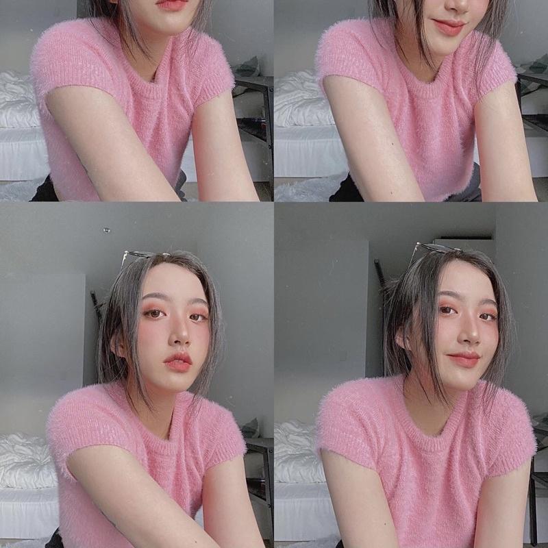 Áo croptop len lông thỏ cổ tròn kín tay ngắn