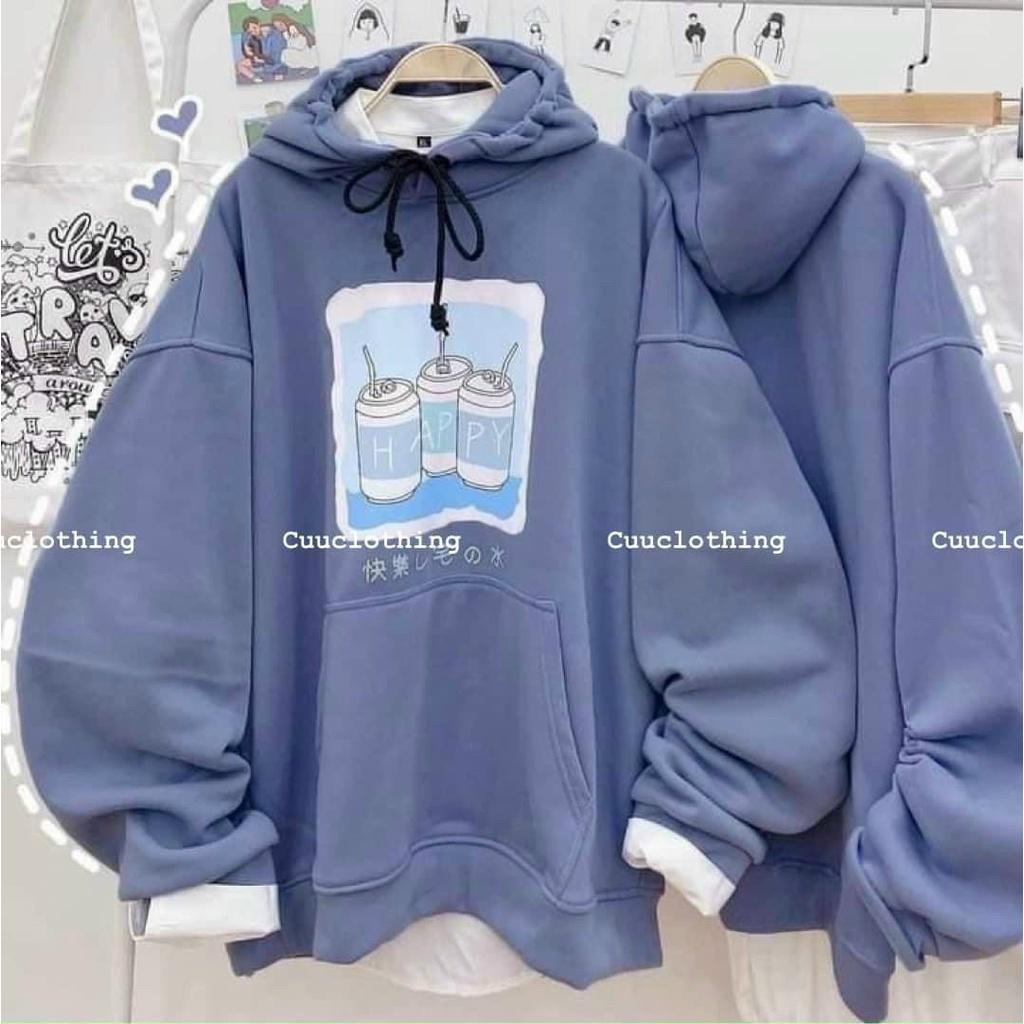 Áo hoodie nam nữ nỉ ngoại tay phồng nhúng in 3 lon happy nón 2 lớp phong cách năng động,Áo khoác nam nữ nỉ ngoại hoodie tay bí 3 lon nước ngọt Happy