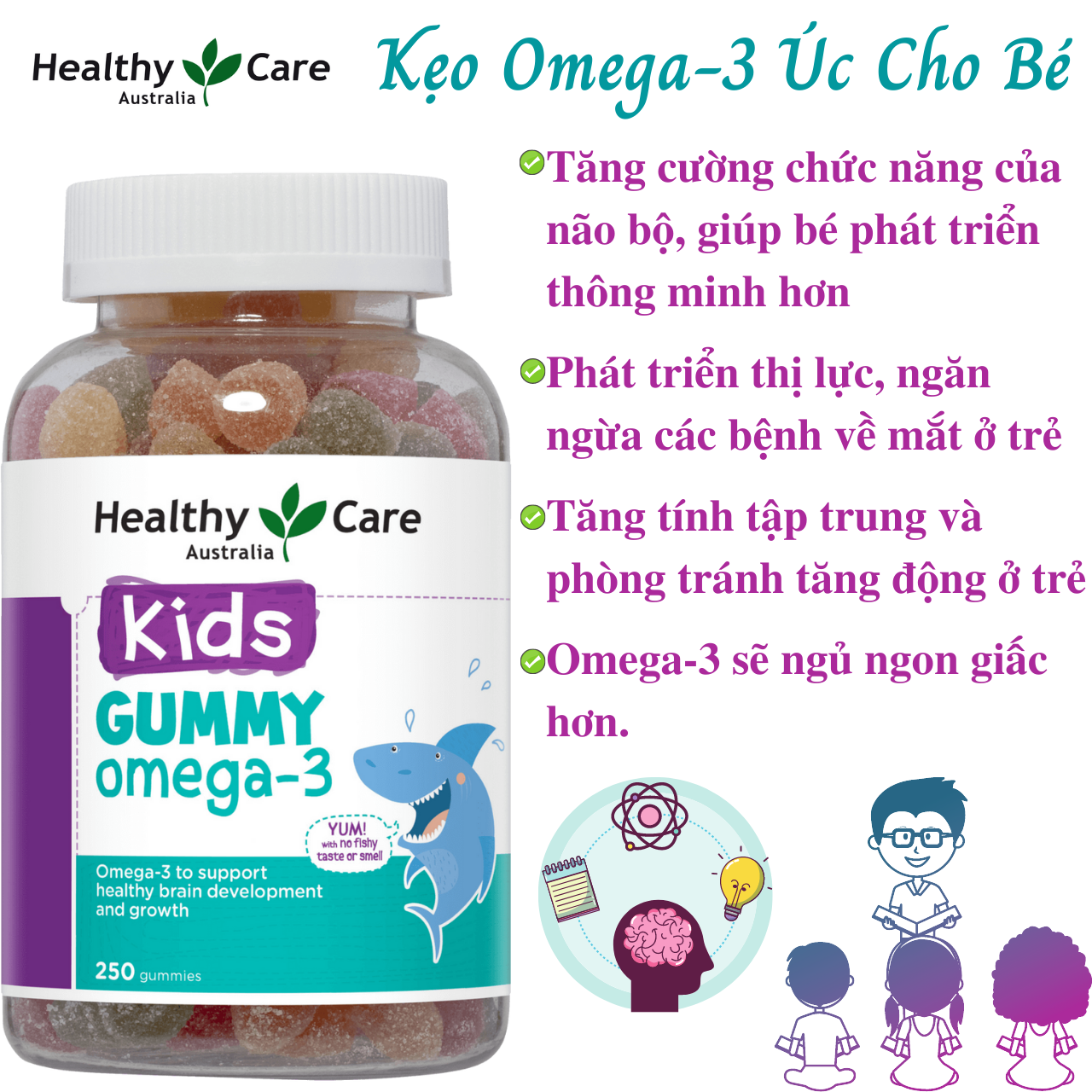 Omega-3 Úc Cho Bé Healthy Care Gummy Omega-3 Dạng Kẹo Dẻo Giúp Phát Triển Não Bộ Tăng Khả Năng Nhận Thức, Tập Trung Và Ghi Nhớ Tăng Hệ Miễn Dịch, Bổ Cho Tim Và Mắt – Hộp 250 Viên