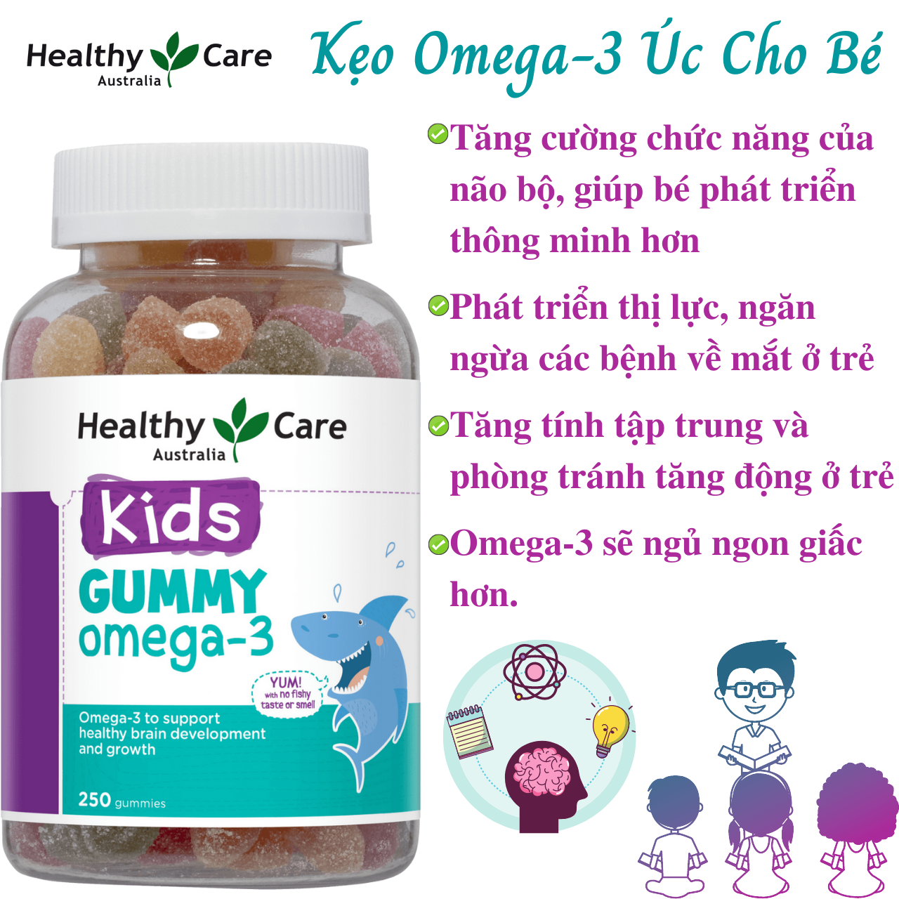 Omega 3 cho bé Healthy Care Kids Gummy Hỗ trợ phát triển trí tuệ toàn diện, tăng cường thị lực, Giúp bé học tập và ghi nhớ tốt hơn - Massel Official