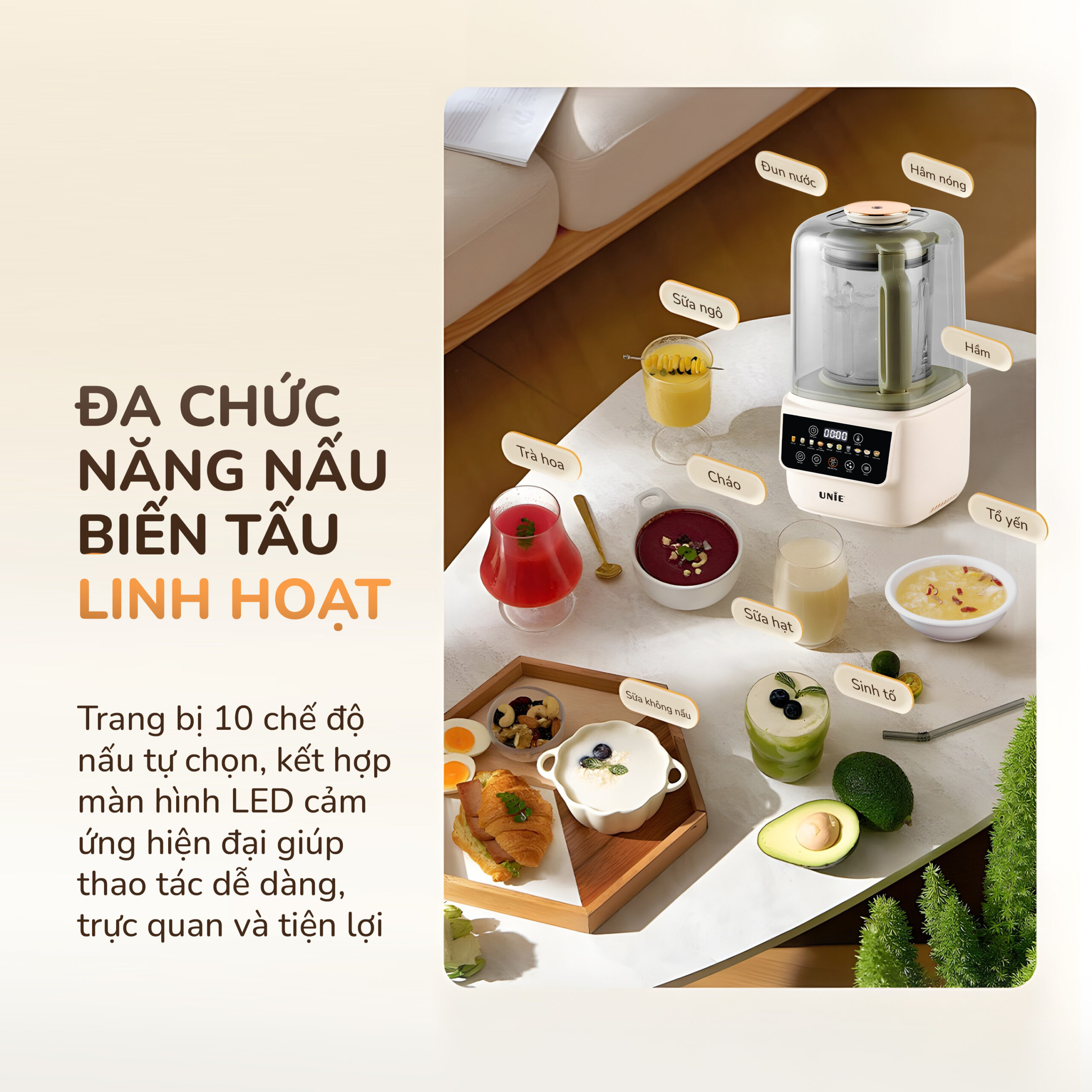 [SP MỚI] Máy làm sữa hạt UNIE UCB15 dung tích 1.5L, nắp chụp giảm ồn 30%, 10 chức năng nấu, lưỡi dao xay 8 cánh, hàng chính hãng bảo hành 12 tháng