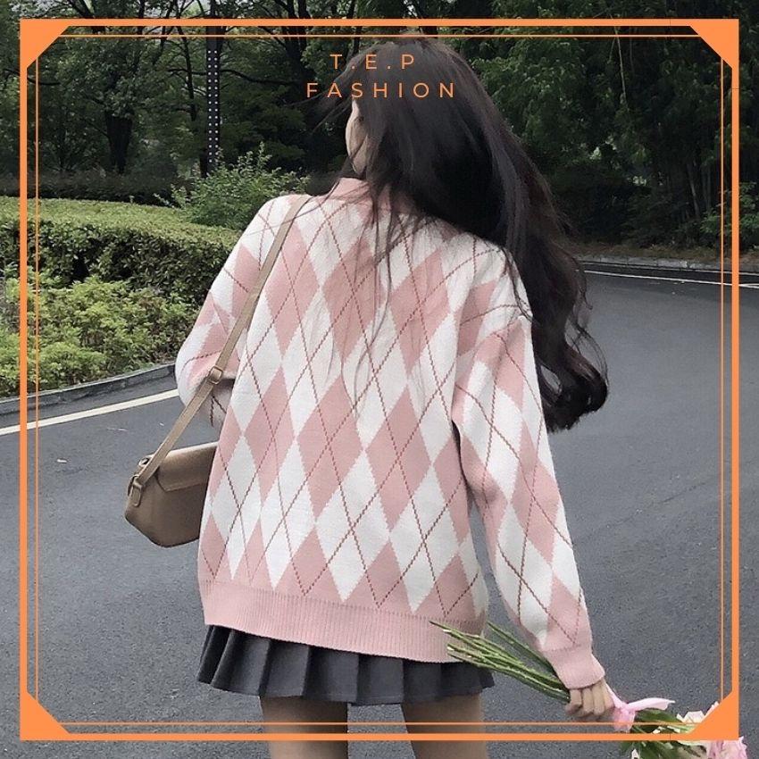 Áo Cardigan Len Nữ Hàn Quốc, Áo Khoác Len Dáng Rộng Hoạt Tiết Quả Trám Dày Dặn Tep Fashion