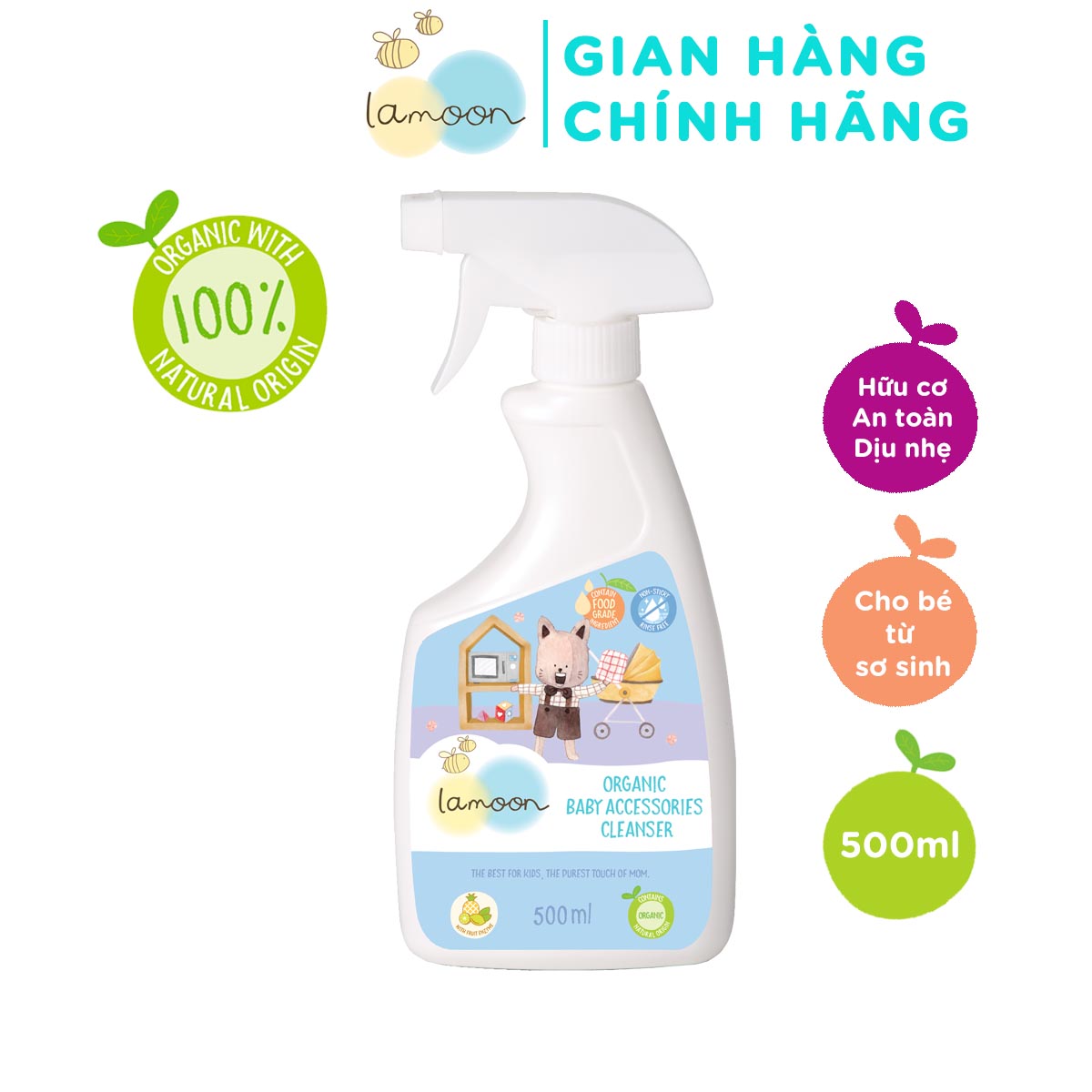 Nước rửa đồ chơi Organic an toàn cho bé Lamoon - Bình 500ml