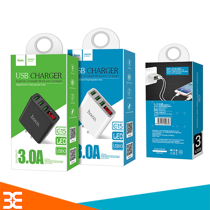 Cốc Sạc HOCO 3 cổng USB C15 điện áp 3A - màn hình LCD hiển thị điện áp - Hàng nhập khẩu