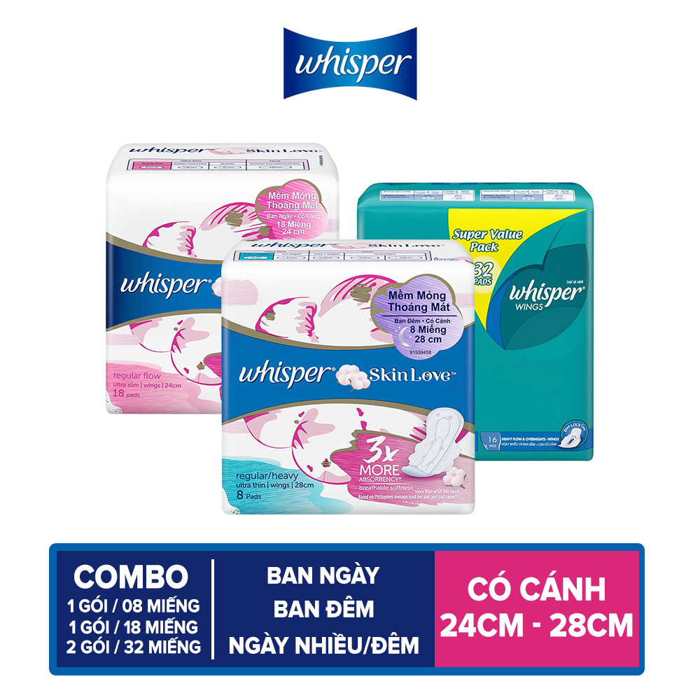 Combo BVS Whisper Ngày và Đêm (Whispers Luna Ngày 18 miếng - Whispers Luna đêm 8 miếng - Whisper Pad Ngày nhiều/Đêm 32 miếng x 2)