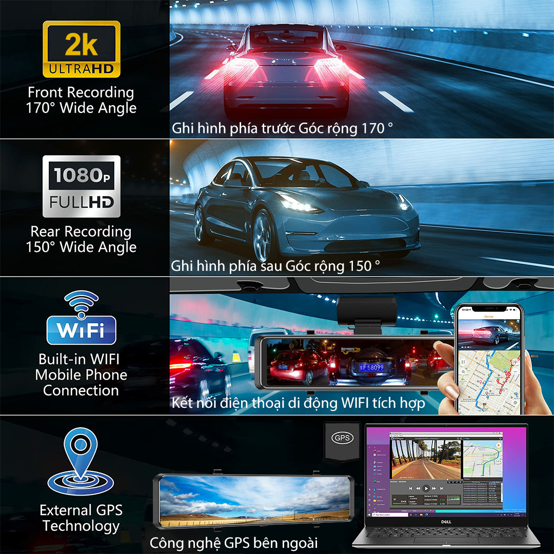 Camera Hành Trình ô Tô Siêu Rõ 2k Và Full Hd 1080p Trước Và Sau Ghi Hình Đồng Thời,Bên Trong Wifi Và GPS Có Kết Nối Điện Thoại ,Cảm Biến G,Thông Báo Tốc Độ