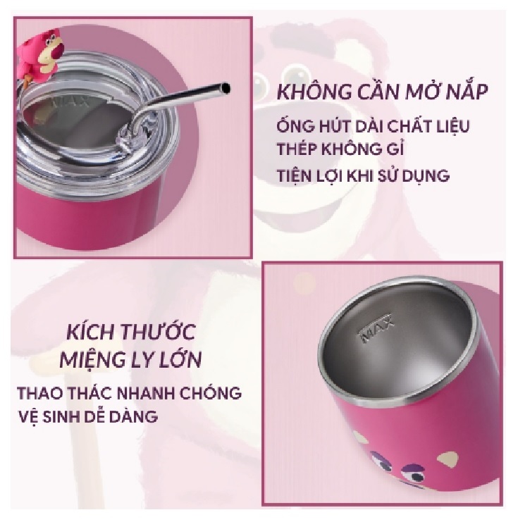Ly Giữ Nhiệt Gấu Dâu LOTSO 450ml, Cốc Giữ Nhiệt Gấu Hồng Kèm Ống Hút Inox Xinh Xắn