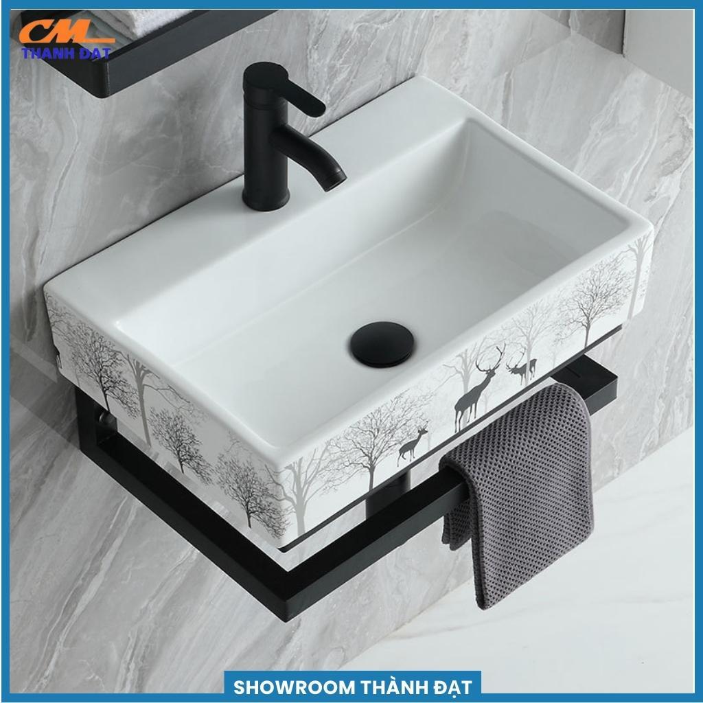 Chậu rửa mặt, bồn rửa mặt, lavabo đặt bàn vuông hoa văn con nai rừng