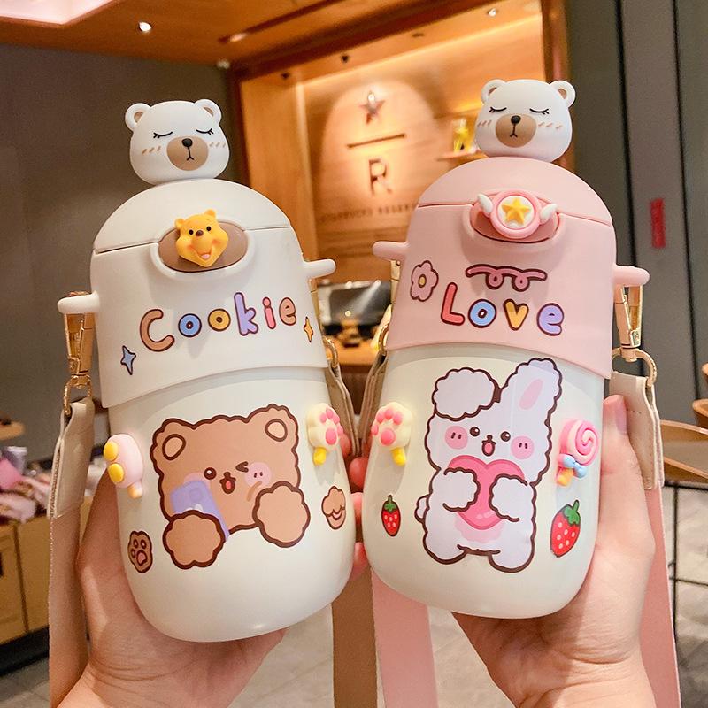 500 ML Mới Kawaii Gấu Bình Giữ Nhiệt Dễ Thương Cho Trẻ Em Ống Hút Nước Inox Cách Nhiệt Học Sinh Bé Gái Nhiệt Uống Chai