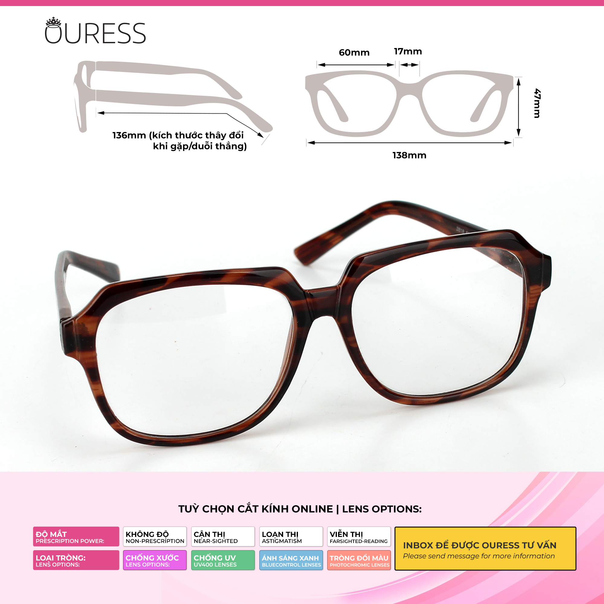 Gọng kính unisex nhựa Acetate cao cấp 3818 size 52-54-58-60