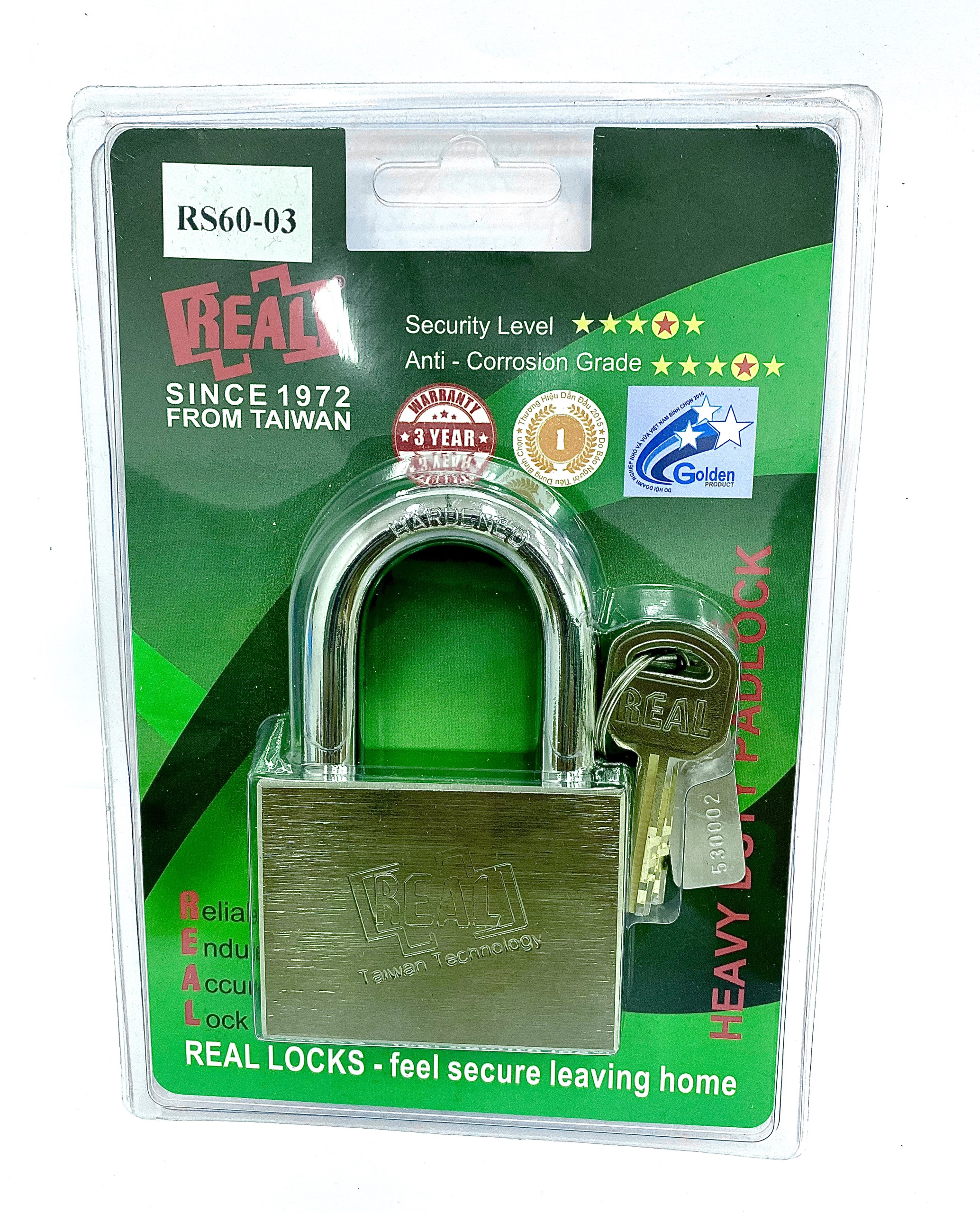 Khóa treo vuông Real 60mm đồng thau RL8034/RS60-03 màu đồng, chống trộm, chống khoan, chống nạy cao cấp