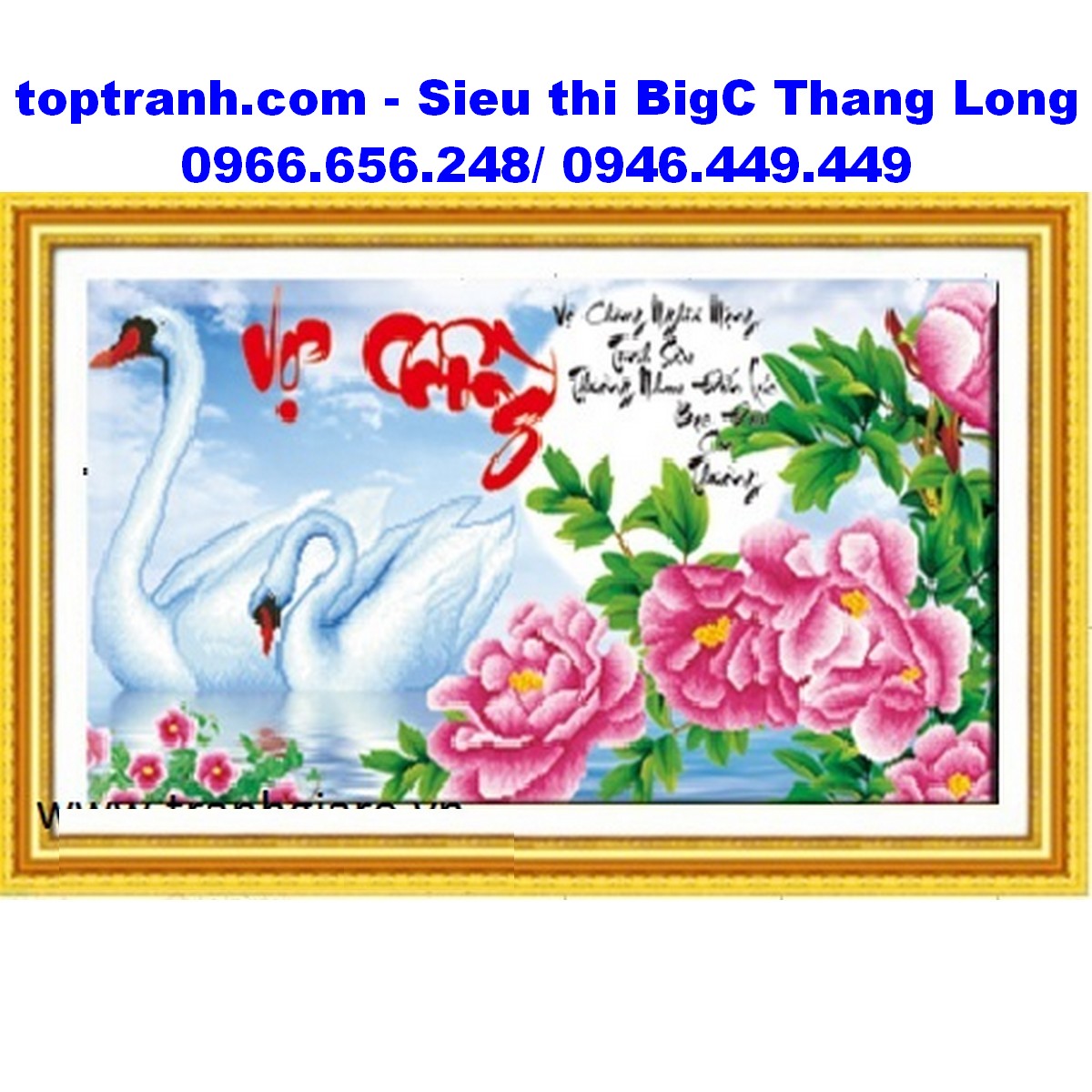 Tranh thêu chữ thập chữ vợ chồng có hoa mẫu đơn 88804 chưa thêu