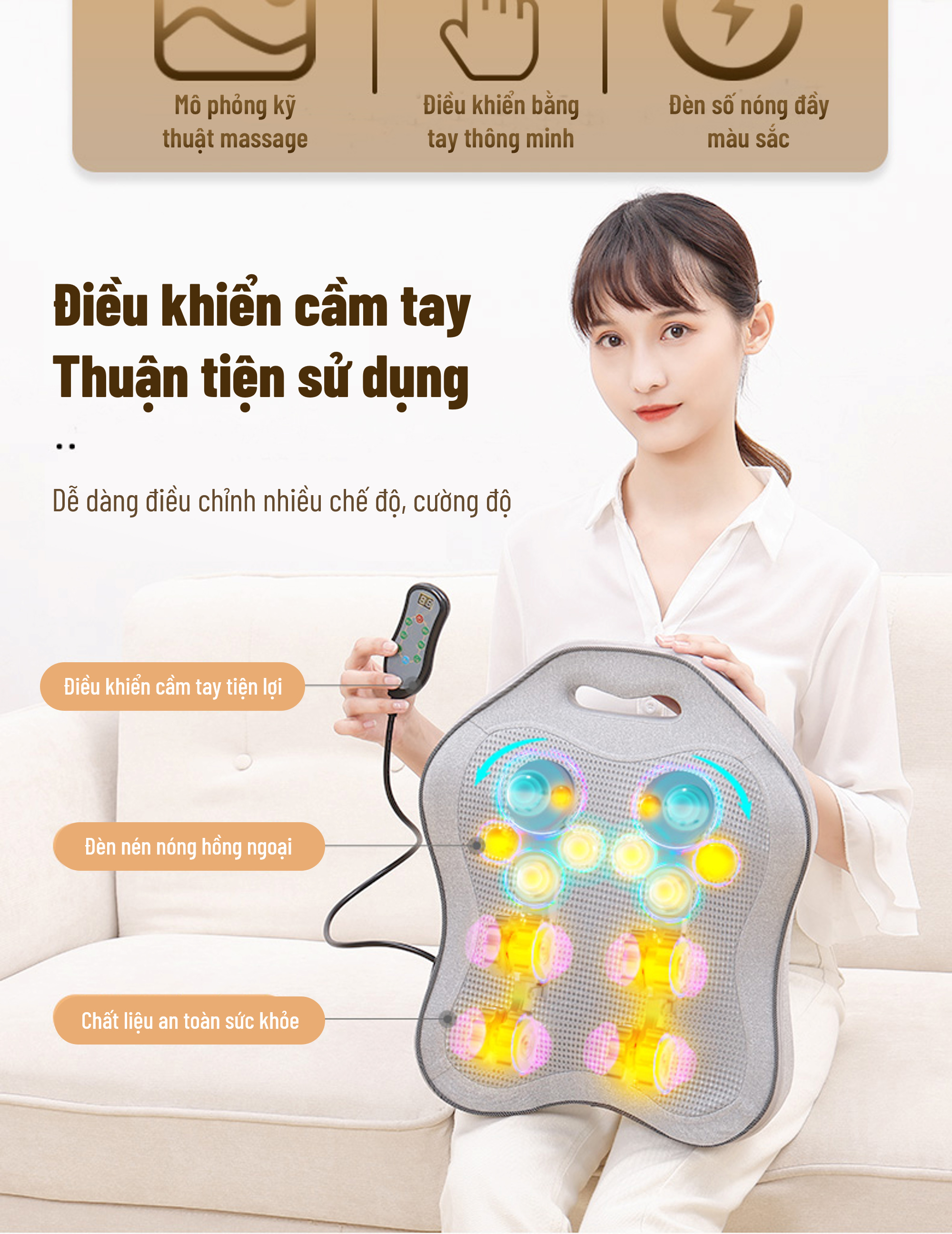 Gối Massage Hồng Ngoại đèn led 7 màu MODEL 2021 - Giúp Mát Xa Vai, Cổ, Gáy, Cột Sống Lưng Đa Năng Kết Hợp Với Chế Độ Rung Và Nhiệt - Chất Liệu vải nỉ cao cấp