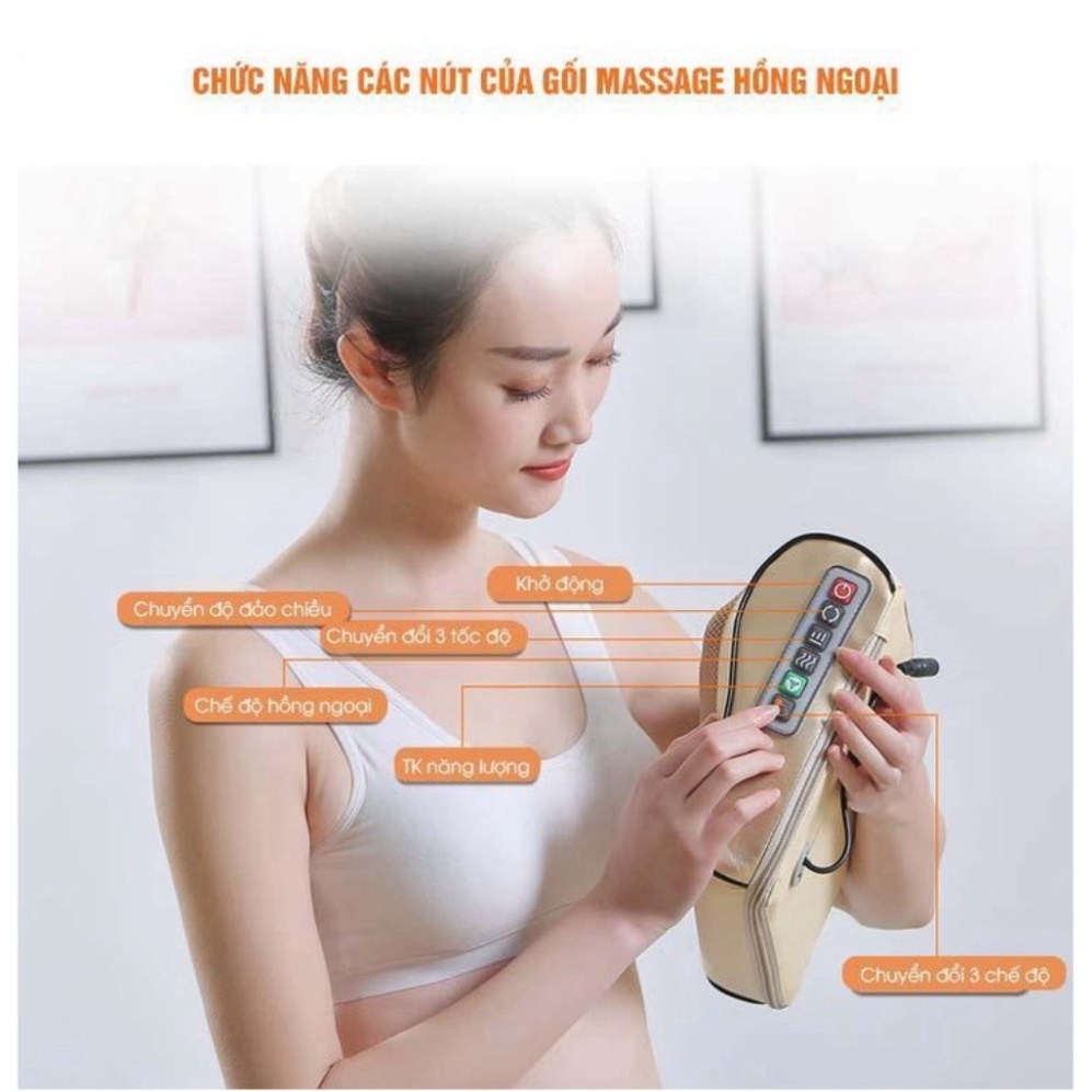 Gối Massage Hồng Ngoại - Đệm Gối Massage Kiêm Tựa Lưng 16 bi - Sử Dụng Pin Sạc - Mát Xa Cổ, Vai, Gáy