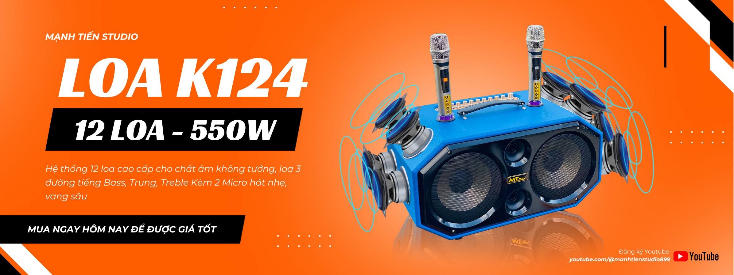Loa Xách Tay Karaoke MTMAX K124 Pro Âm Thanh Đa Hướng Hệ Thống 12 Loa 12 Đường Tiếng, 2 Bass 20 Công Suất Lớn Đến 500W, Tặng Kèm 2 Micro, Hàng Chính Hãng, Bảo Hành 12 Tháng