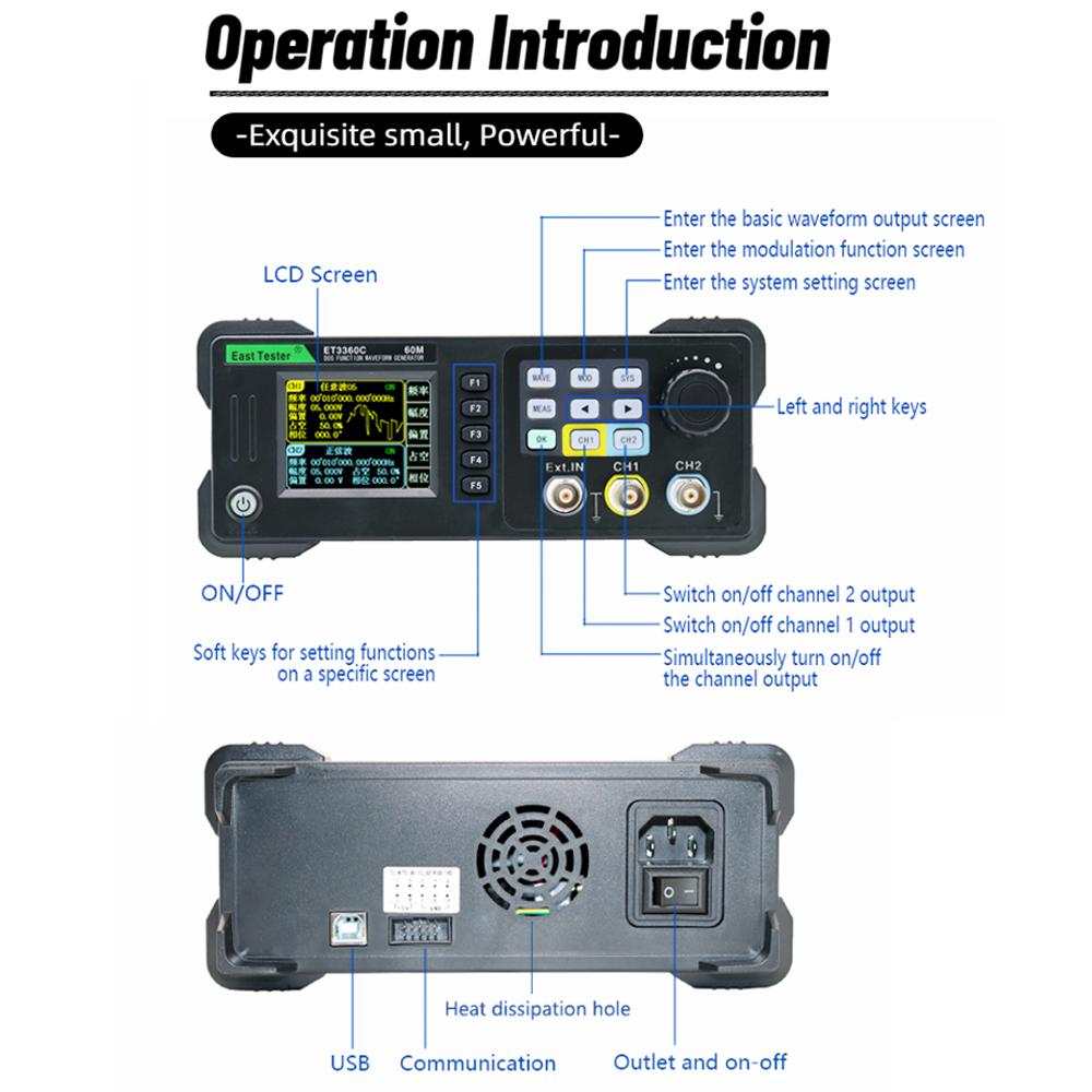 2.4Inch TFT LCD Display Dual Channel Function Arbitrary Waveform Generator 200MSa/S Sampling Rate 13 Bit Vertical Resolution 8k Storage Depth Signal Source Frequency Meter