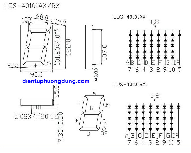 LED 7 thanh 4.0 màu đỏ, Anot 90x122mm, 40101BS