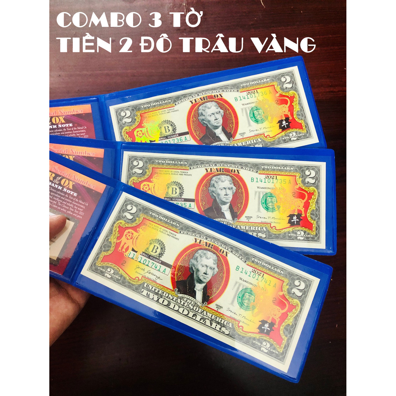 COMBO 3 Bao Lì Xì Tiền 2 USD Hình Con Trâu 2021 hình Trâu Vàng Lucky Money bao da xanh - The Merrick Mint