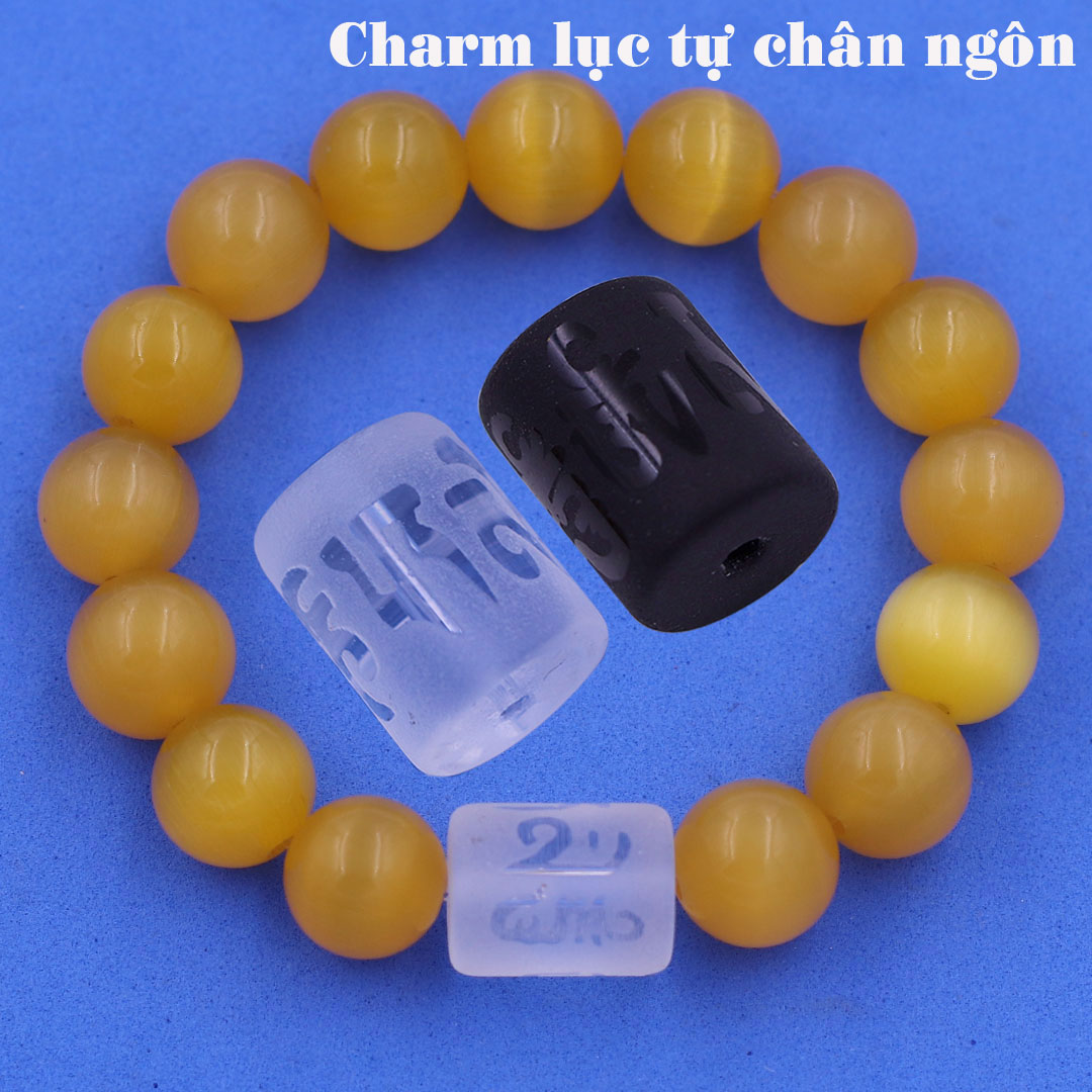 Vòng chuỗi đeo tay đá mắt mèo charm lục tự Đại minh chân ngôn, 10 ly, Om Mani Padme Hūm, Chân ngôn Lục tự
