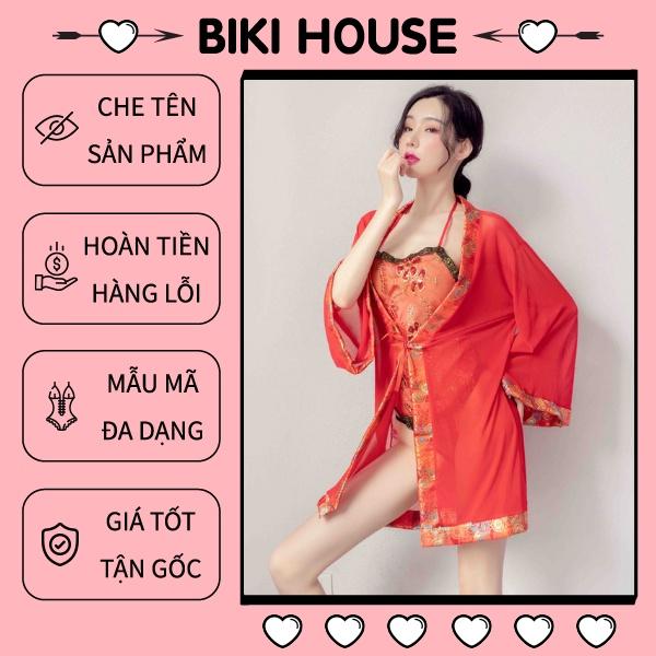 Cosplay cổ trang Trung Quốc xuyên thấu sexy gợi cảm áo ngủ yếm kèm áo choàng họa tiết hoa cổ điển cao cấp BIKI N786