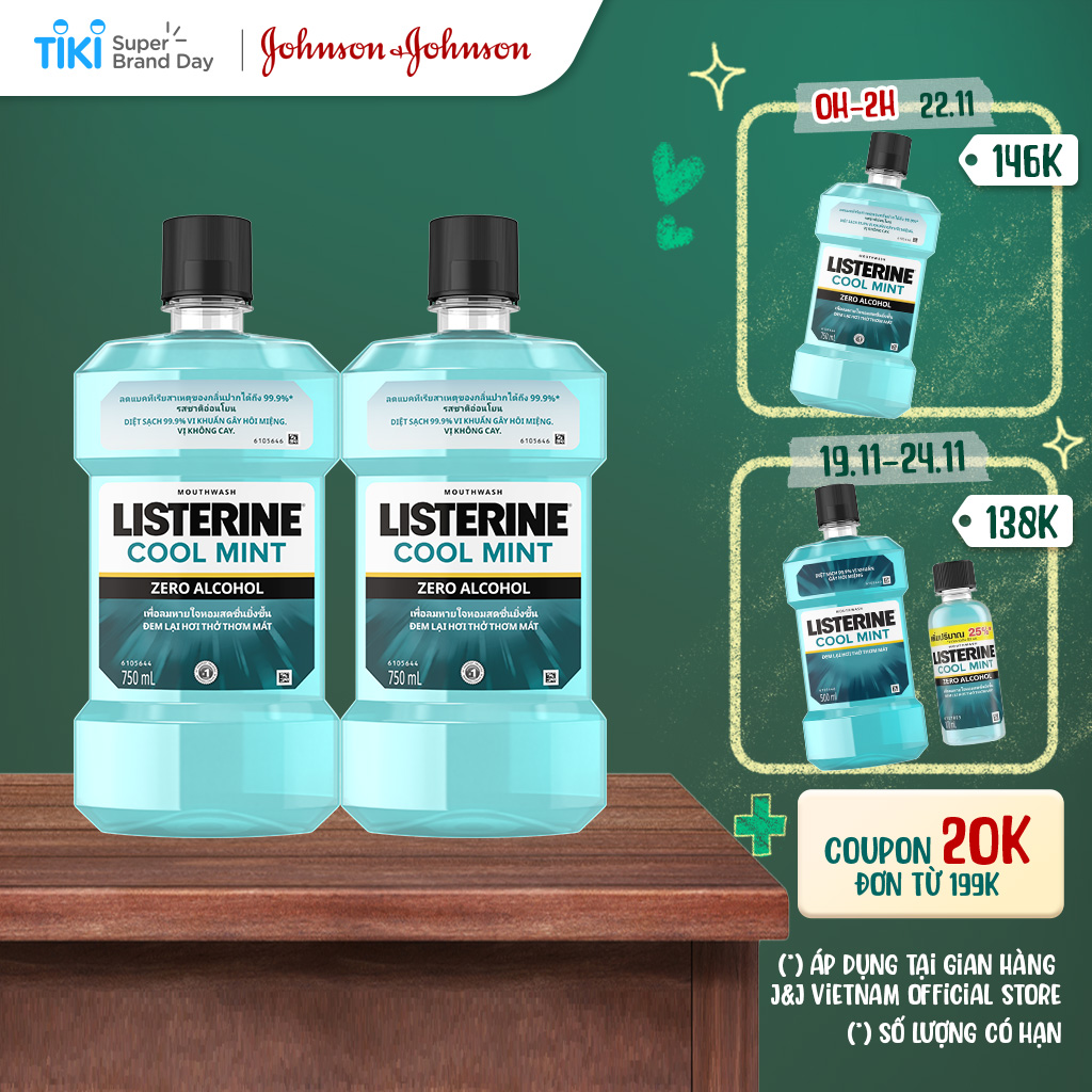 Bộ 2 Chai Nước Súc Miệng Listerine Giúp Hơi Thở Thơm Mát Cool Mint Zero Alcohol 750mlx2