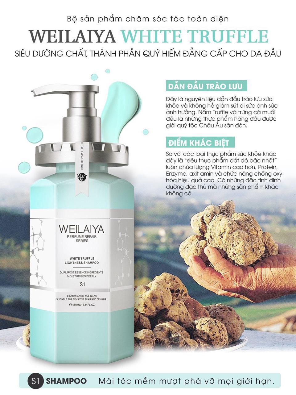 Dầu Gội Xả Phục Hồi Tóc Hư Tổn Weilaiya Chính Hãng - Từ Nấm Truffle và Trứng Cá Tầm (Gội 450ml - Xả 450ml) Tặng 1 Túi Bling và 1 Mini Trị Giá 300.000đ