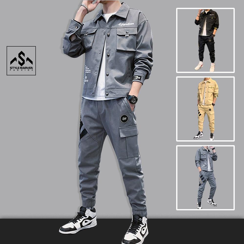 Bộ đồ nam kaki dài tay cổ bẻ túi hộp kết hợp quần jogger sọc bo gấu cá tính STYLE MARVEN - SET NAM 90000124