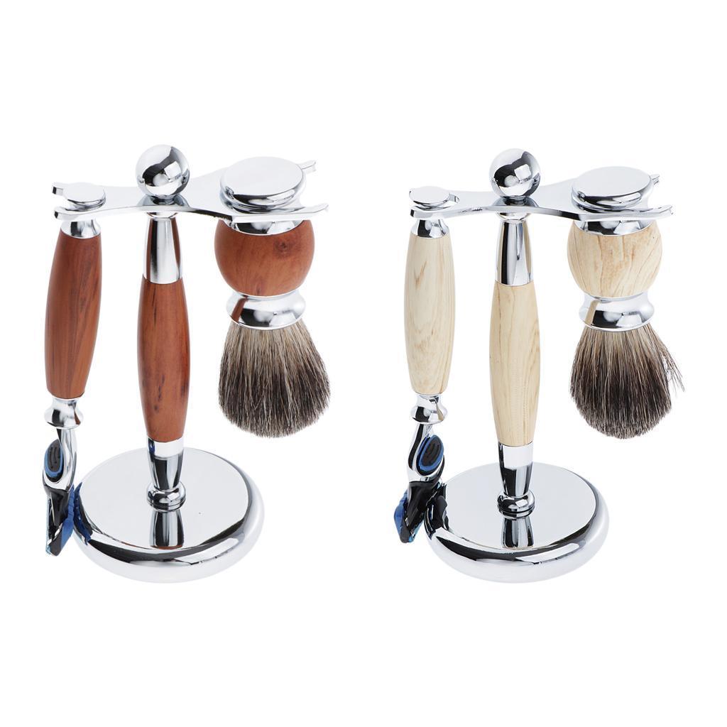 Zinc Alloy + Wood Mens Shaving Kit Gift Set W/5 Layer Blade Razors Brush & Stand Holder