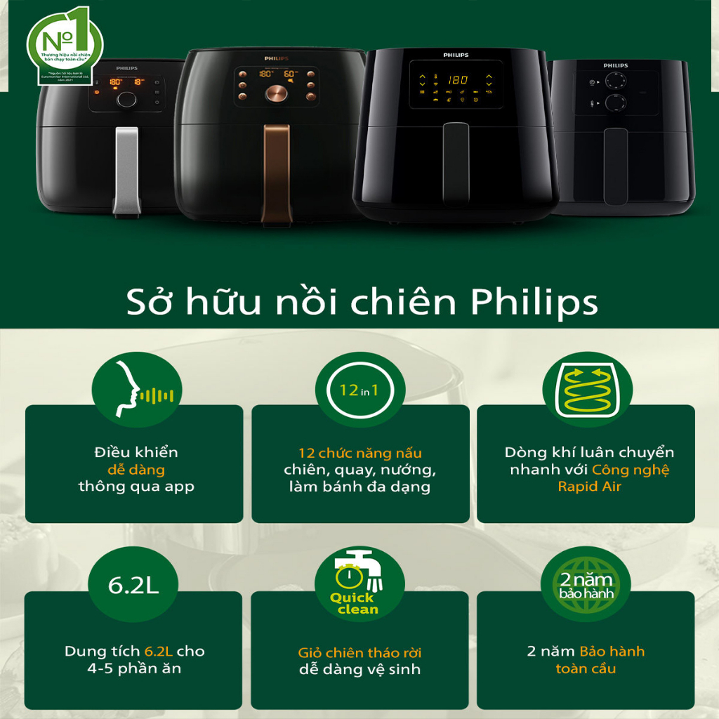 Nồi Chiên Không Dầu Điện Tử Philips HD9280/91 - 6.2Lit/2000W - Hàng Chính Hãng