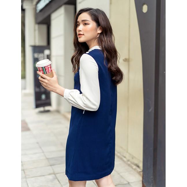 Đầm công sở xanh pha tay bồng trắng - DCS220