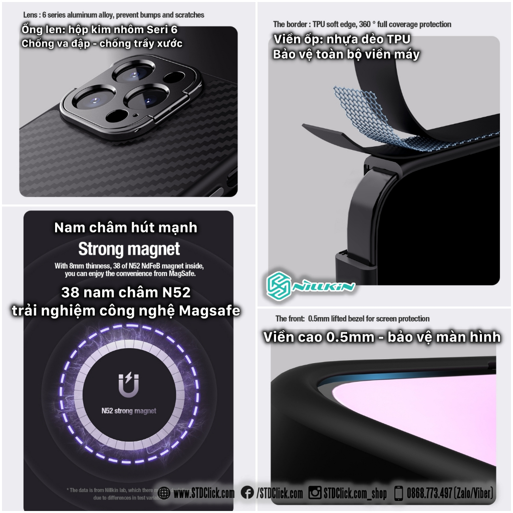 ỐP LƯNG DÀNH CHO ĐIỆN THOẠI IPHONE 14 PRO MAX - 14 PRO NILLKIN CARBOPROP - HỔ TRỢ SẠC TỪ TÍNH KÈM KHUNG BẢO VỆ CAMERA KIÊM GIÁ ĐỠ