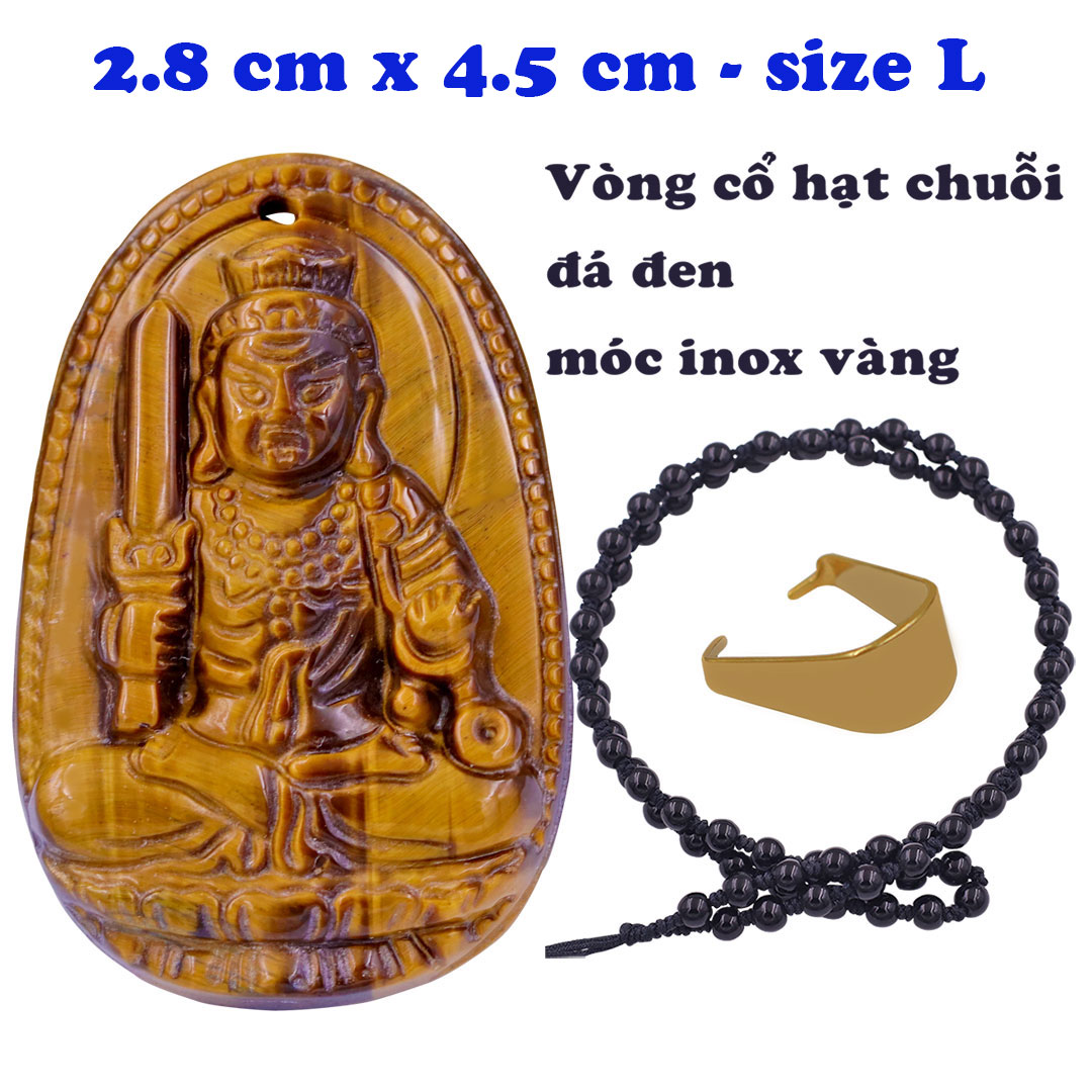 Mặt Phật Bất động minh vương đá mắt hổ 4.5 cm kèm vòng cổ hạt chuỗi đá đen - mặt dây chuyền size lớn - size L, Mặt Phật bản mệnh