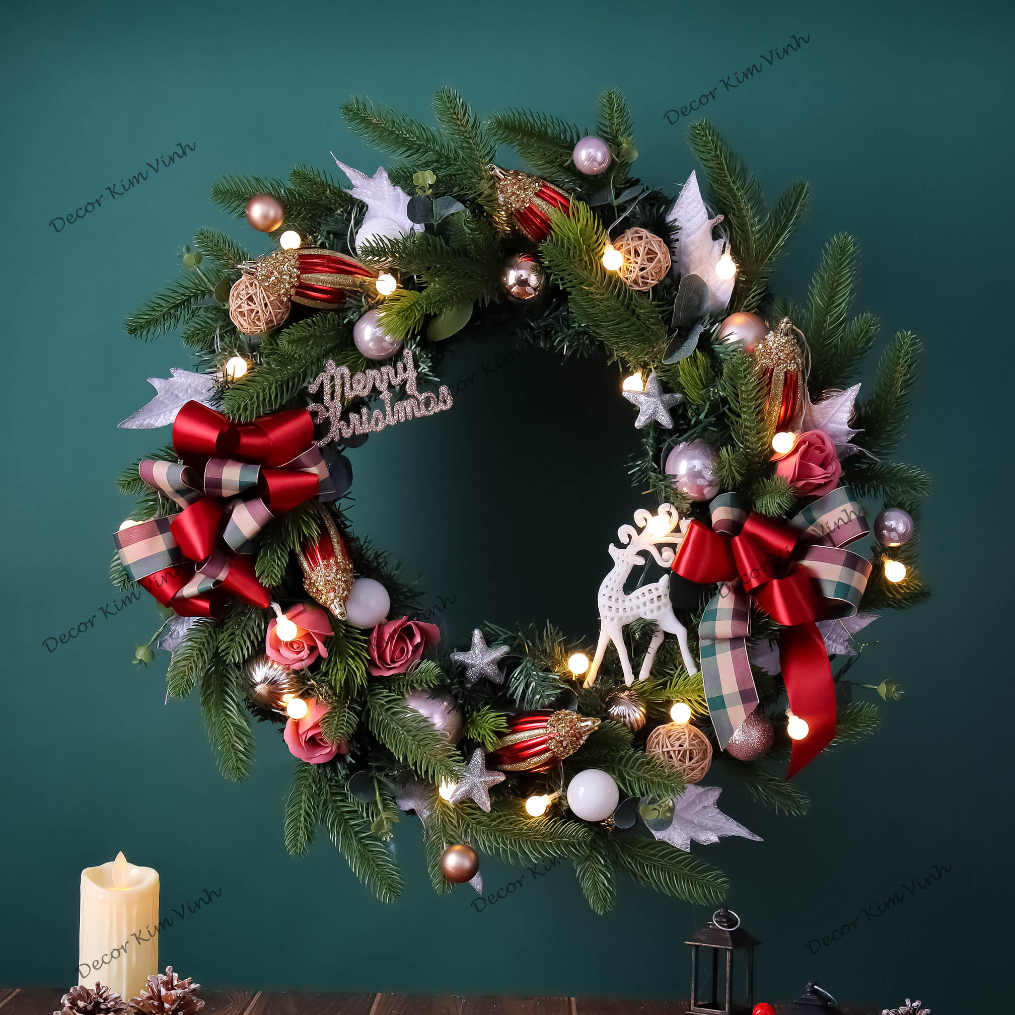 Vòng Tròn Nến Giáng Sinh DN139 60cm Vòng Nến Hươu Merry Trang Trí Noel Vintage