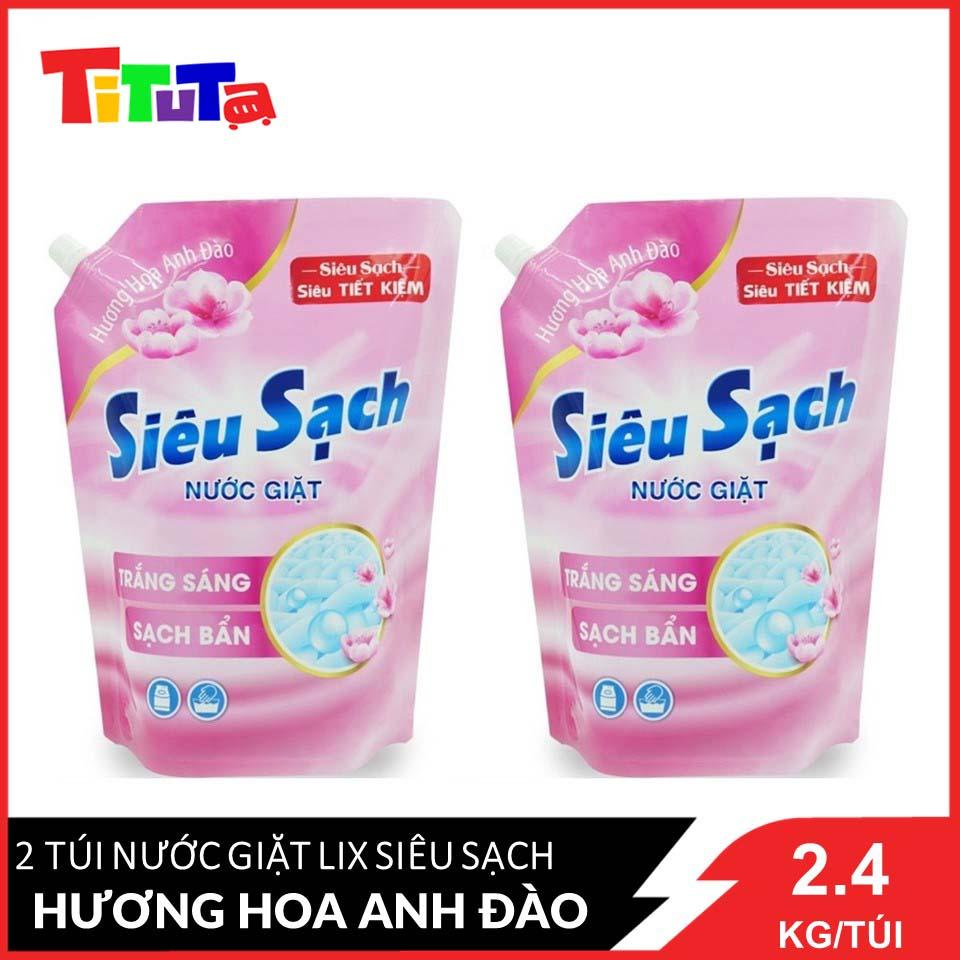 Nước giặt LIX Siêu sạch Hương hoa anh đào (Hồng) túi 2.4KGX2