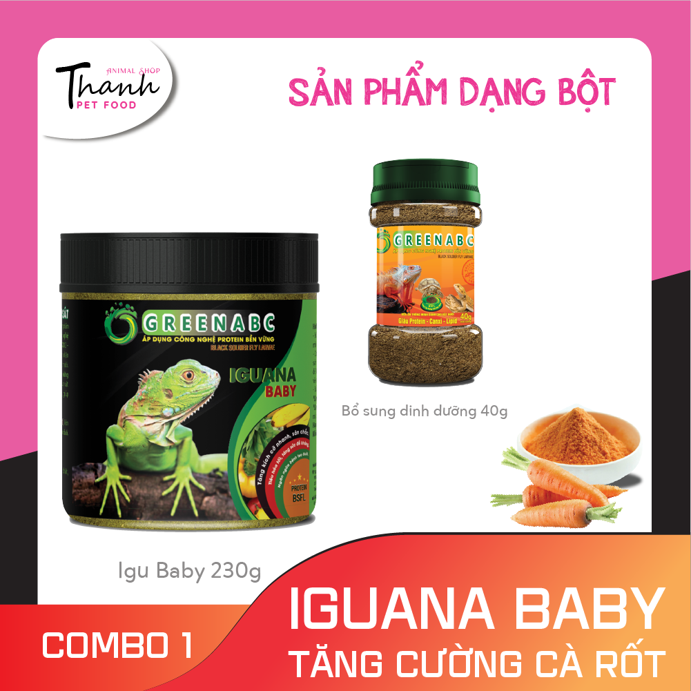 Thức ăn bò sát Iguana Baby nhãn GREENABC vị cà rốt dùng cho Iguana từ mới nở cho đến 9x – Tăng trưởng nhanh, lên màu đẹp, phòng chống MBD, teo đuôi – Hộp 230g