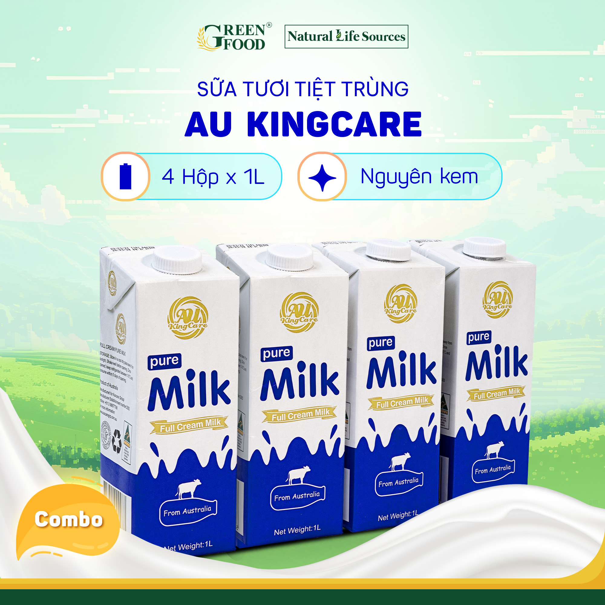 Combo 4 Hộp Sữa tươi tiệt trùng AU KingCare nguyên kem không đường | Hộp 1L - Nhập khẩu trực tiếp từ Úc