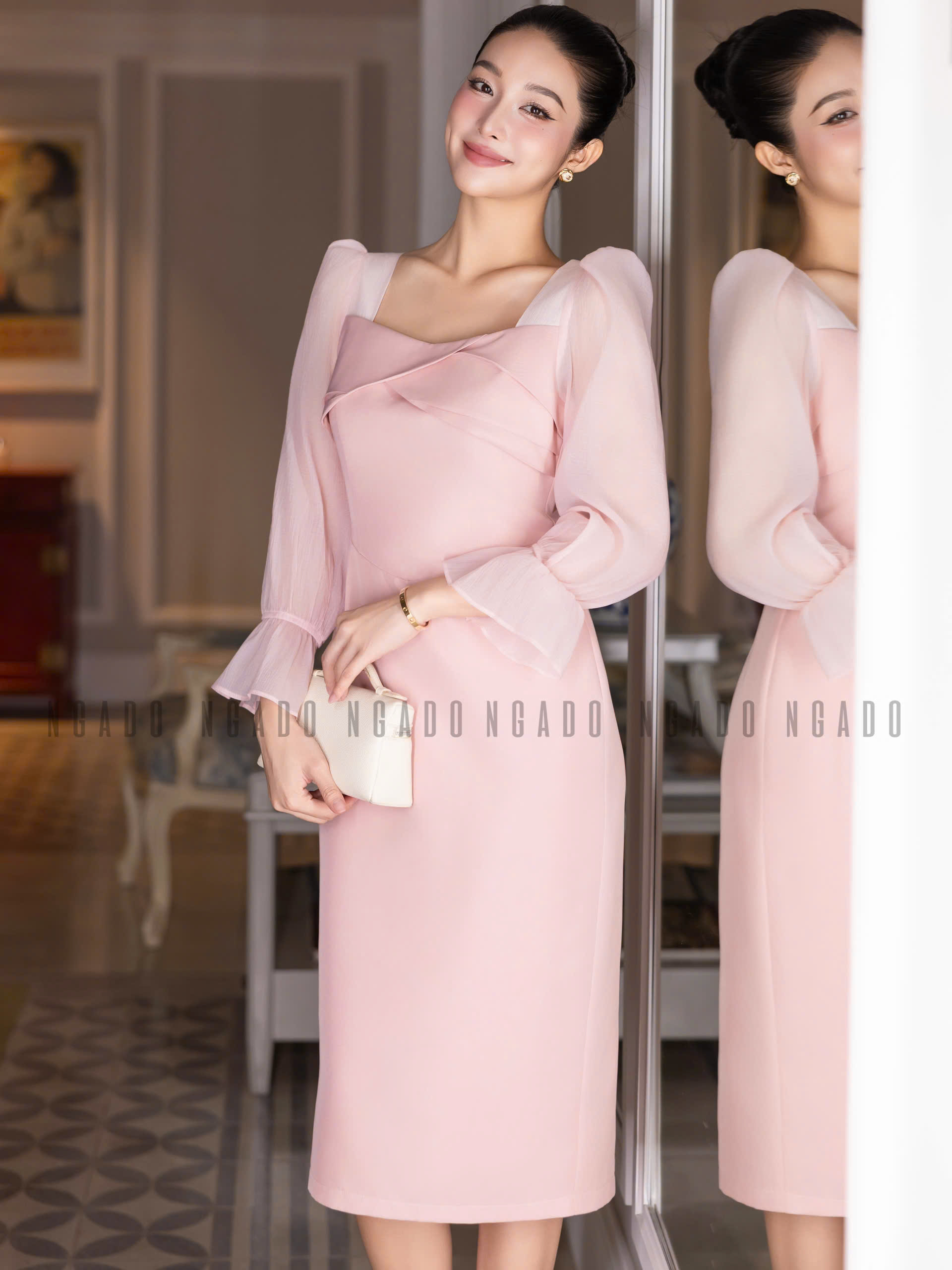 Đầm hồng cổ vuông tay voan NGADO , đầm kiểu Nữ , đầm dự tiệc