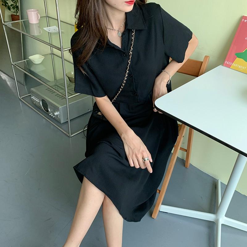 Đầm Dài Sơ mi Ngắn tay Màu trơn Form rộng Dáng chữ A Ulzzan Hàn Quốc Váy Dài Midi Kiểu Pháp Mùa Hè