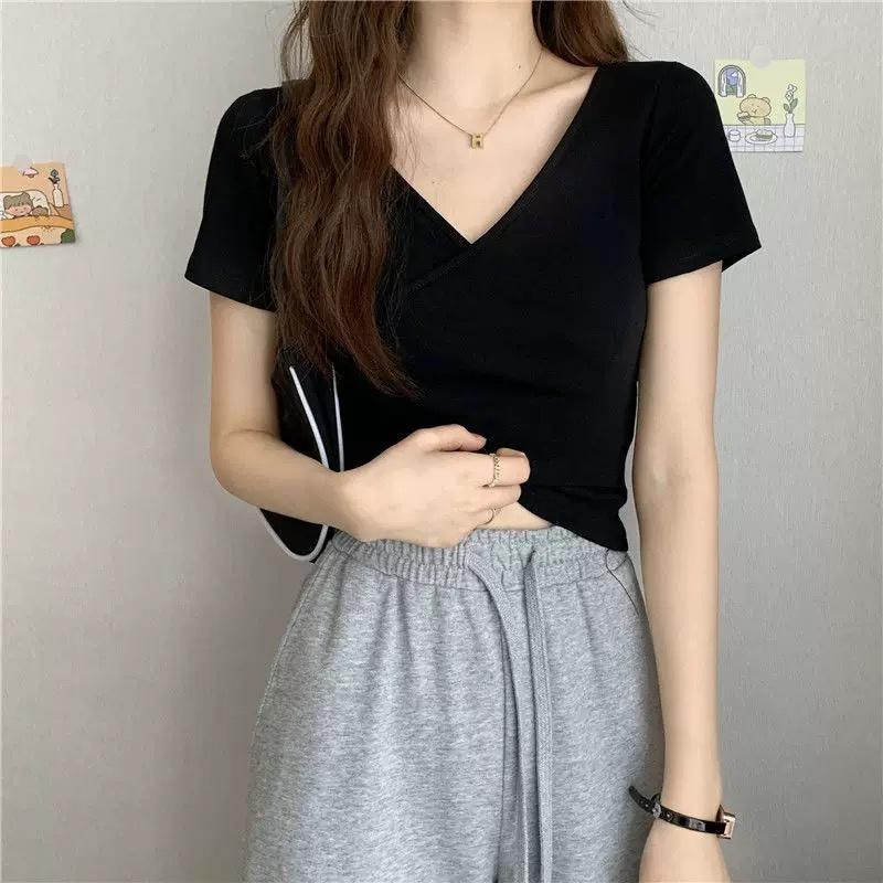 MS31 Áo thun nữ trơn vạt chéo croptop hở eo