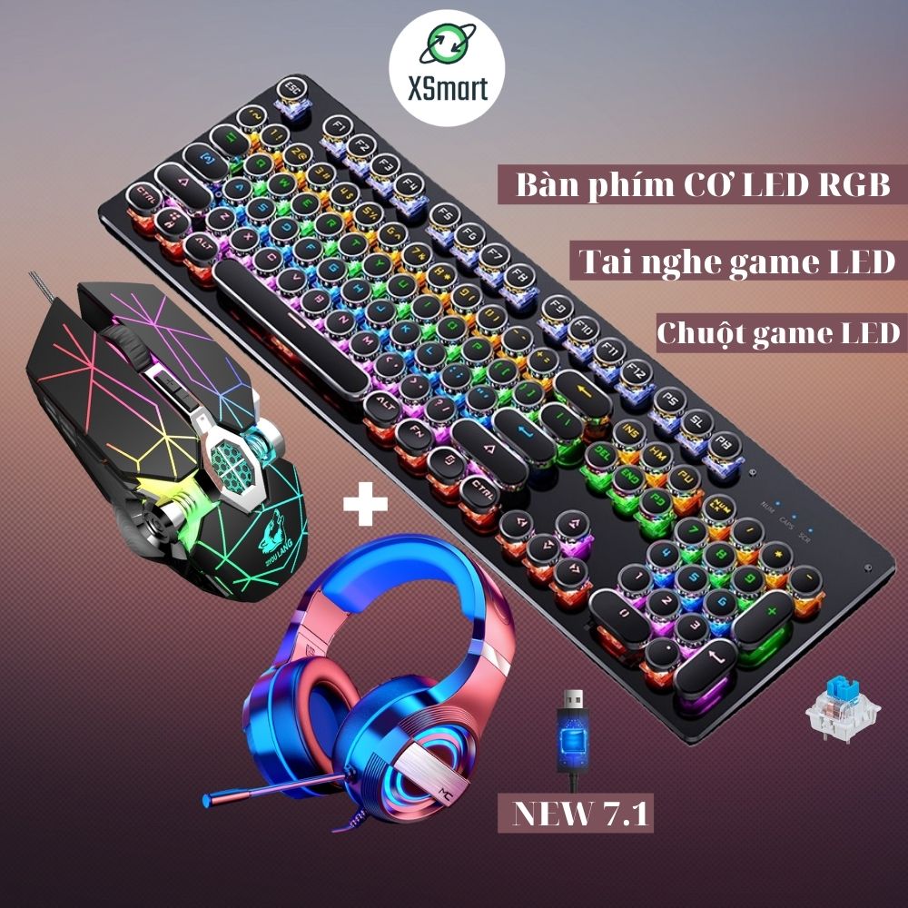 Bộ Bàn phím CƠ chuột và tai nghe chụp tai gaming XSmart thế hệ mới FULL LED đổi màu nhiều chế độ T907+V8 tia sét + Q9 NEW 7.1 - Hàng Chính Hãng