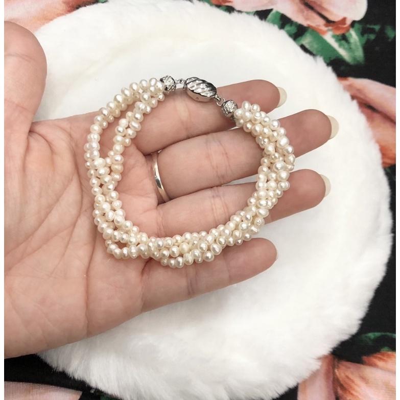 Vòng Tay Bạc Xoắn 4 Sợi Size Hạt 2 Ly, Vòng Tay Ngọc Trai Nước Ngọt Tự Nhiên Vintage - Trường Thịnh Ngọc Trai