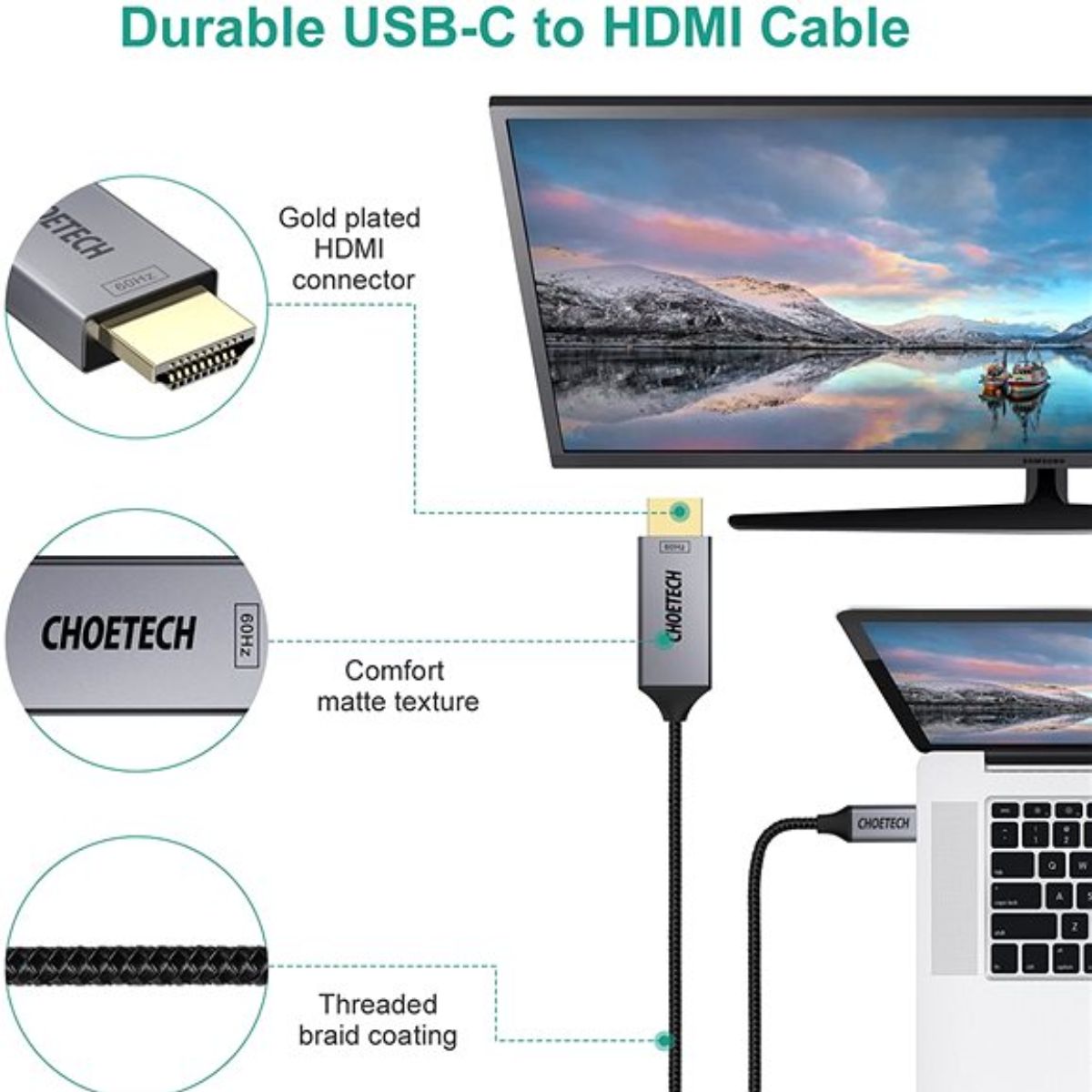 Cáp chuyển Type C sang HDMI 4K@60Hz Choetech XCH-1804 tương thích Thunderbolt 3 dài 1.8M